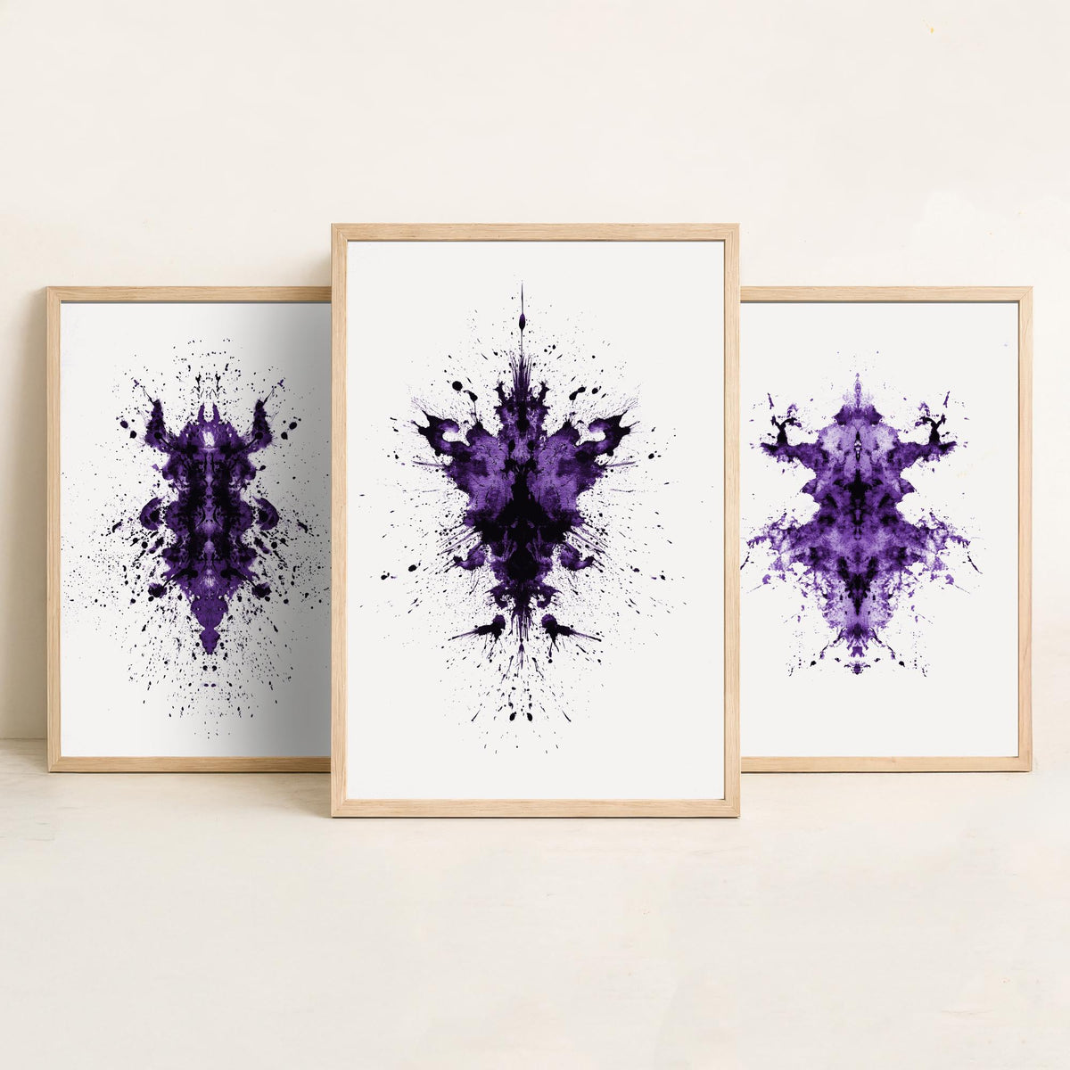 Rorschach Inkblot Set of Three Art Prints - Creepy Crawlie Bug Ink Blot Posters - Purple and Black Abstract Psychology Painting