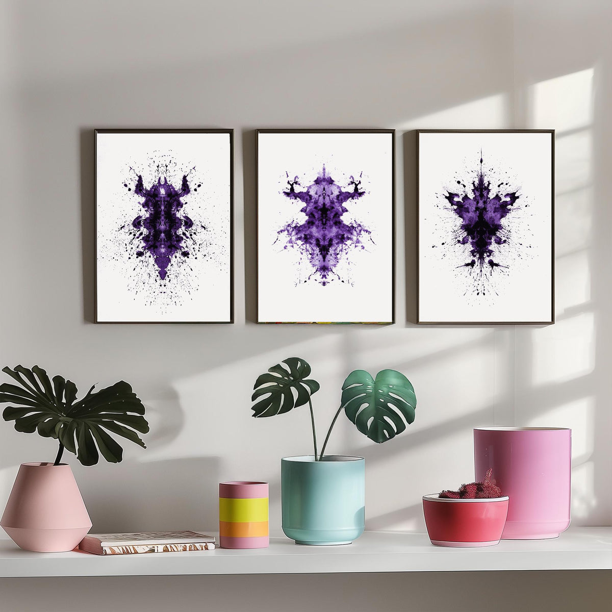 Rorschach Inkblot Set of Three Art Prints - Creepy Crawlie Bug Ink Blot Posters - Purple and Black Abstract Psychology Painting