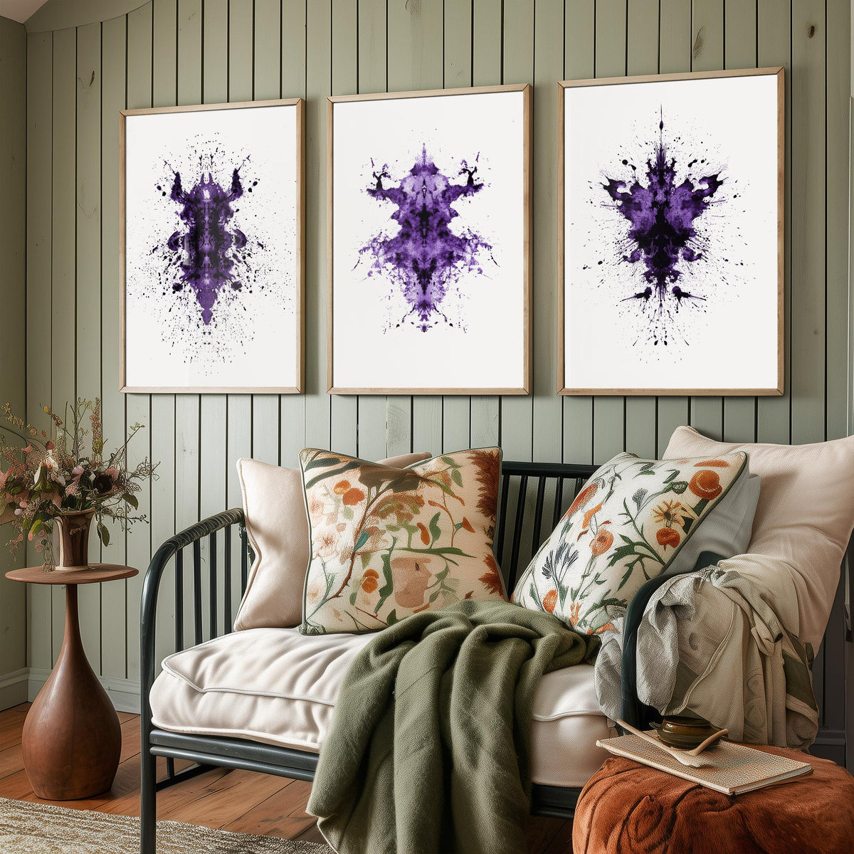 Rorschach Inkblot Set of Three Art Prints - Creepy Crawlie Bug Ink Blot Posters - Purple and Black Abstract Psychology Painting