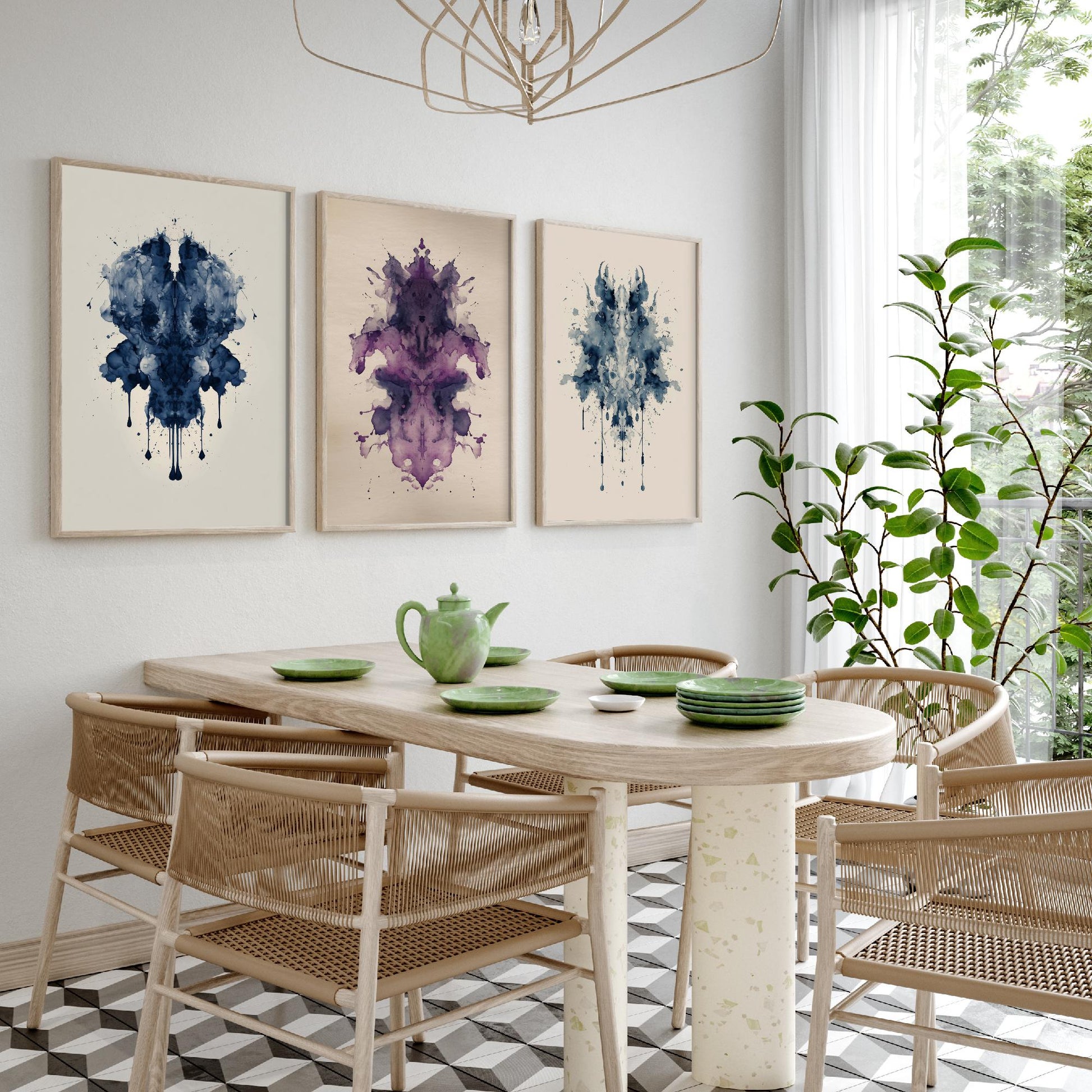 Rorschach Inkblot Set of Three Art Prints - Deep Blue Violet Navy - Moody Psychology Poster Illustration Therapist