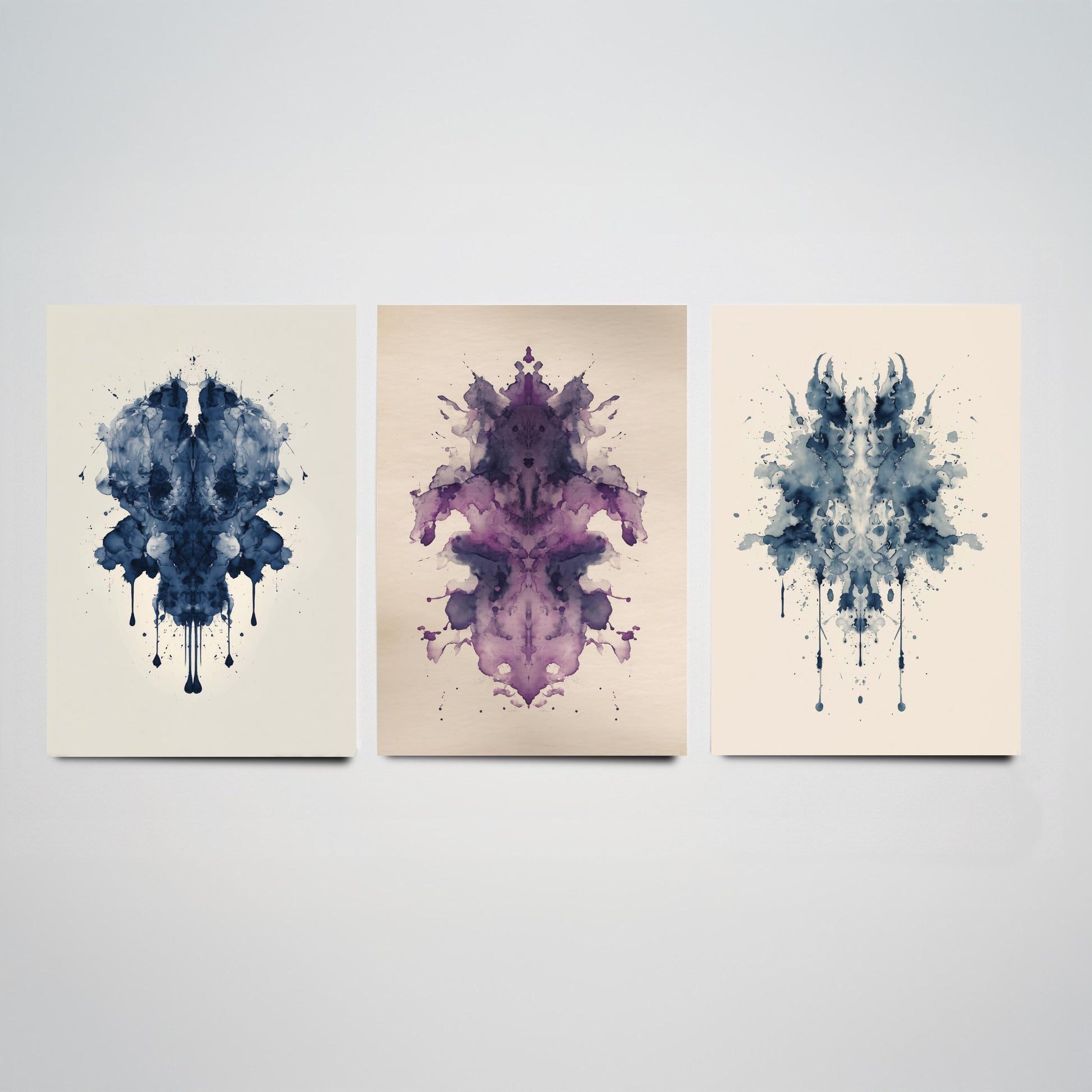 Rorschach Inkblot Set of Three Art Prints - Deep Blue Violet Navy - Moody Psychology Poster Illustration Therapist