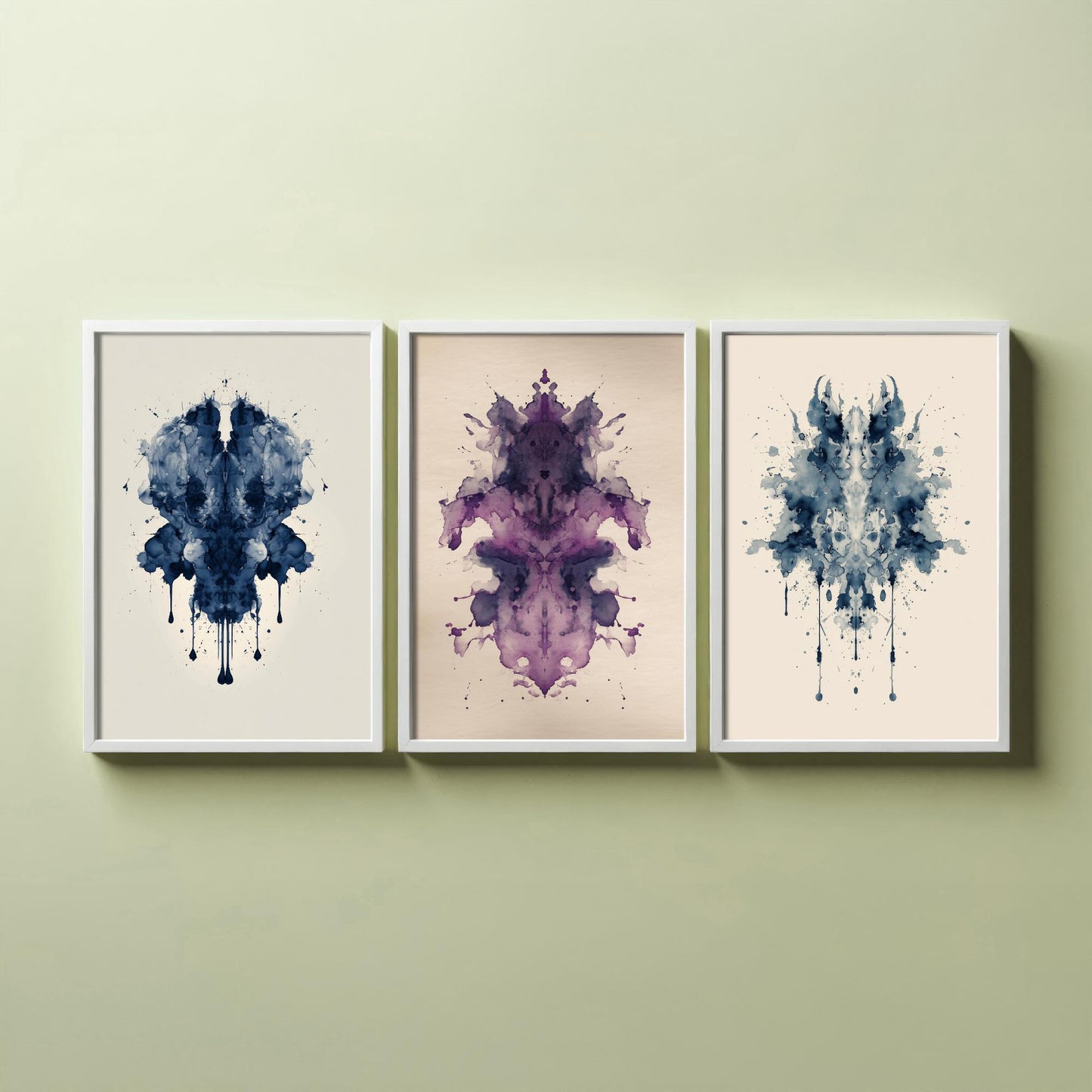 Rorschach Inkblot Set of Three Art Prints - Deep Blue Violet Navy - Moody Psychology Poster Illustration Therapist