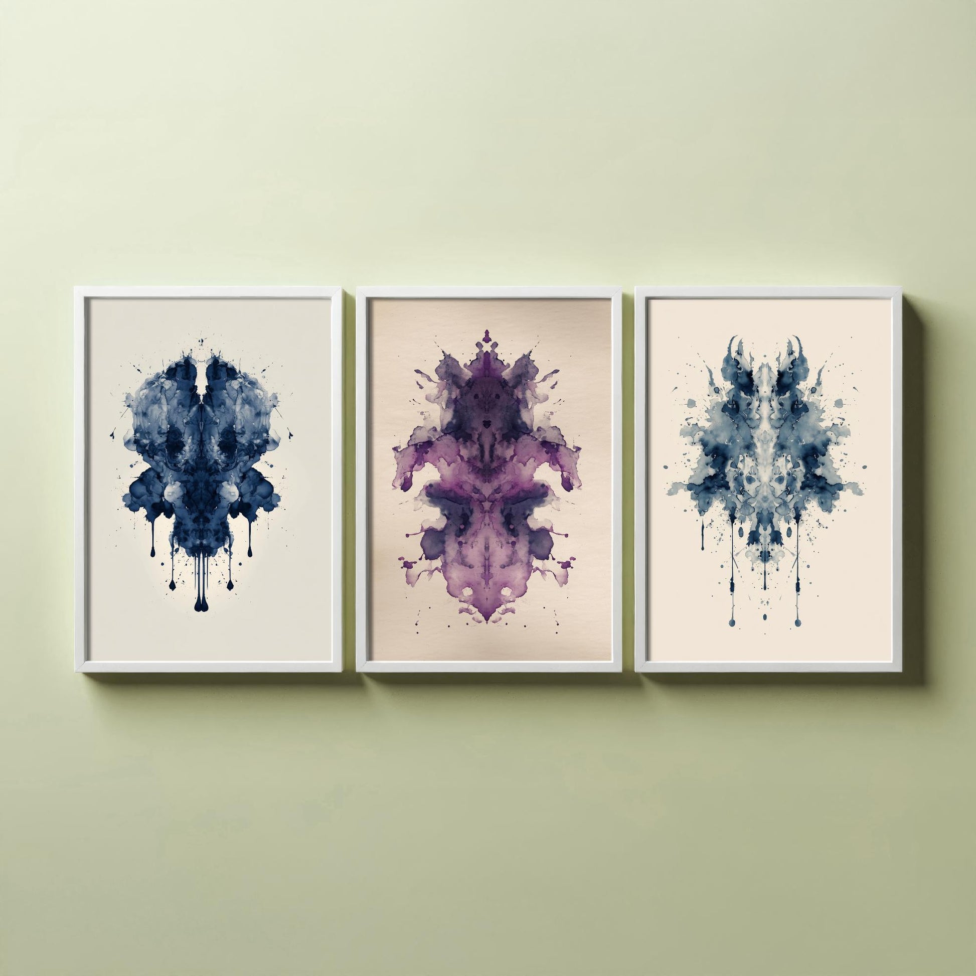 Rorschach Inkblot Set of Three Art Prints - Deep Blue Violet Navy - Moody Psychology Poster Illustration Therapist