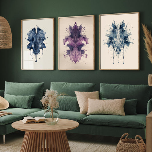 Rorschach Inkblot Set of Three Art Prints - Deep Blue Violet Navy - Moody Psychology Poster Illustration Therapist