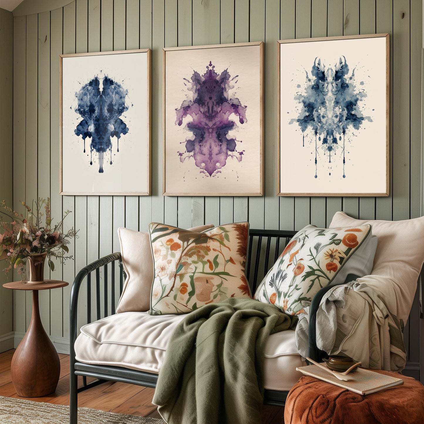 Rorschach Inkblot Set of Three Art Prints - Deep Blue Violet Navy - Moody Psychology Poster Illustration Therapist