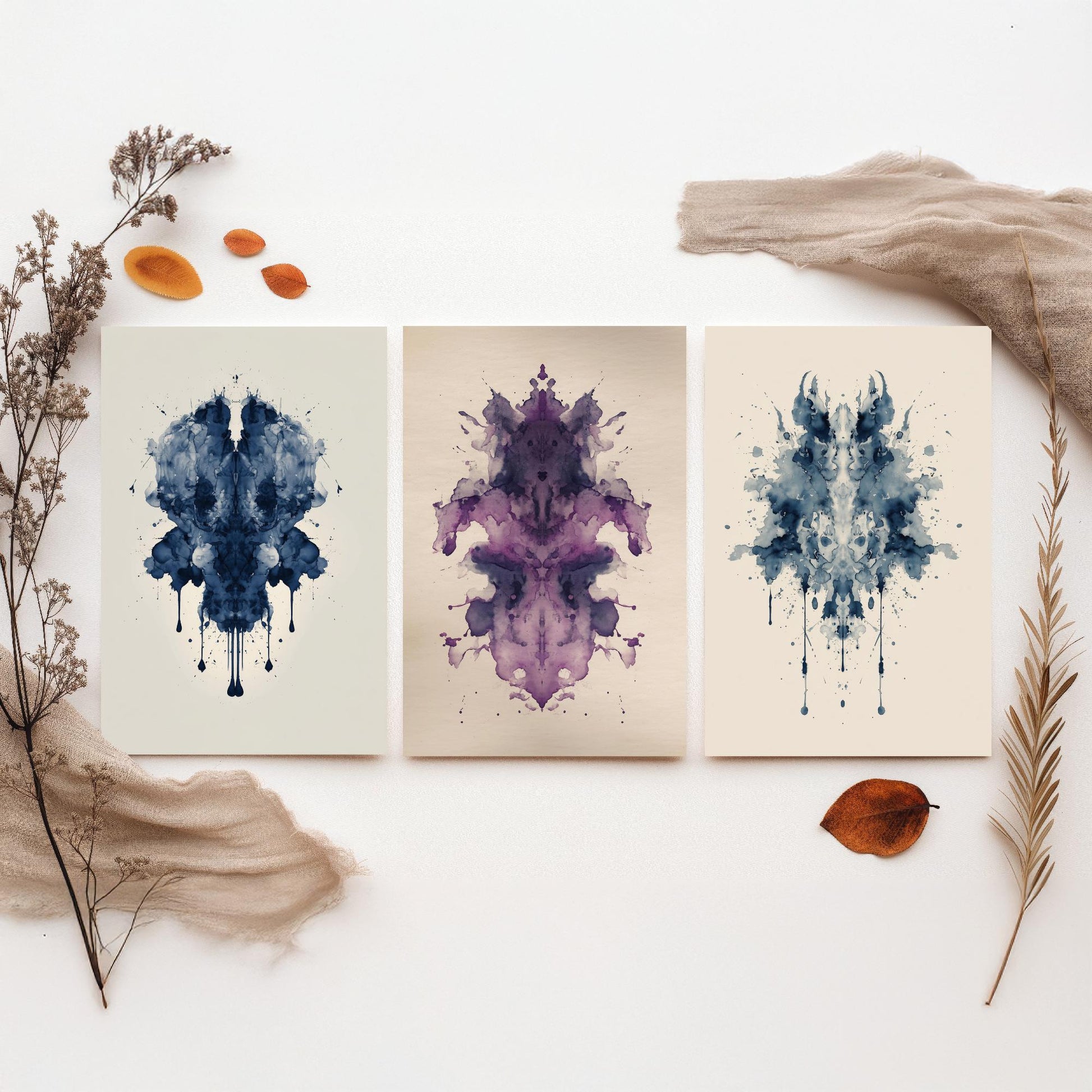 Rorschach Inkblot Set of Three Art Prints - Deep Blue Violet Navy - Moody Psychology Poster Illustration Therapist