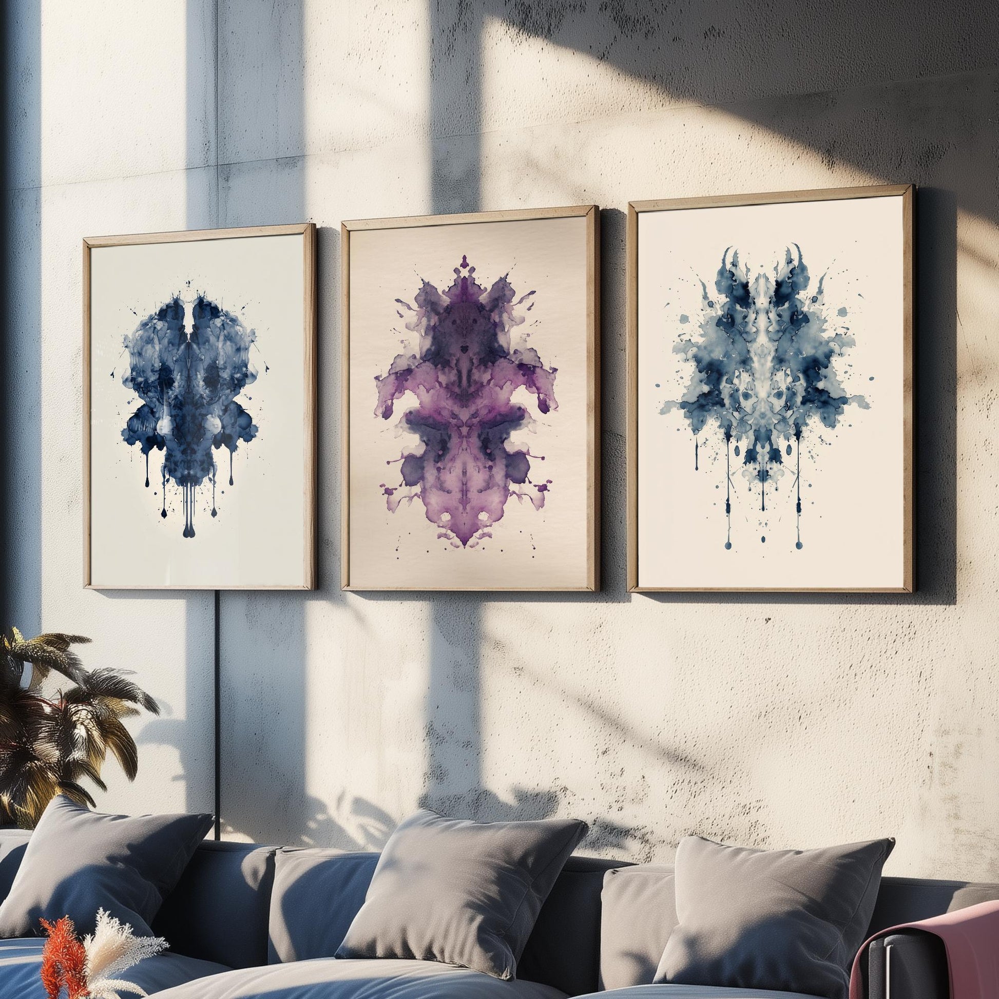 Rorschach Inkblot Set of Three Art Prints - Deep Blue Violet Navy - Moody Psychology Poster Illustration Therapist