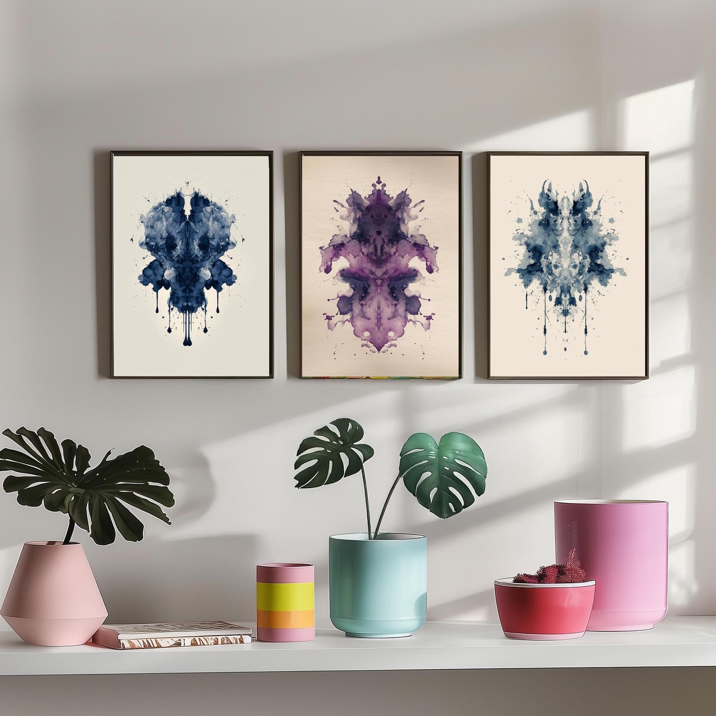 Rorschach Inkblot Set of Three Art Prints - Deep Blue Violet Navy - Moody Psychology Poster Illustration Therapist