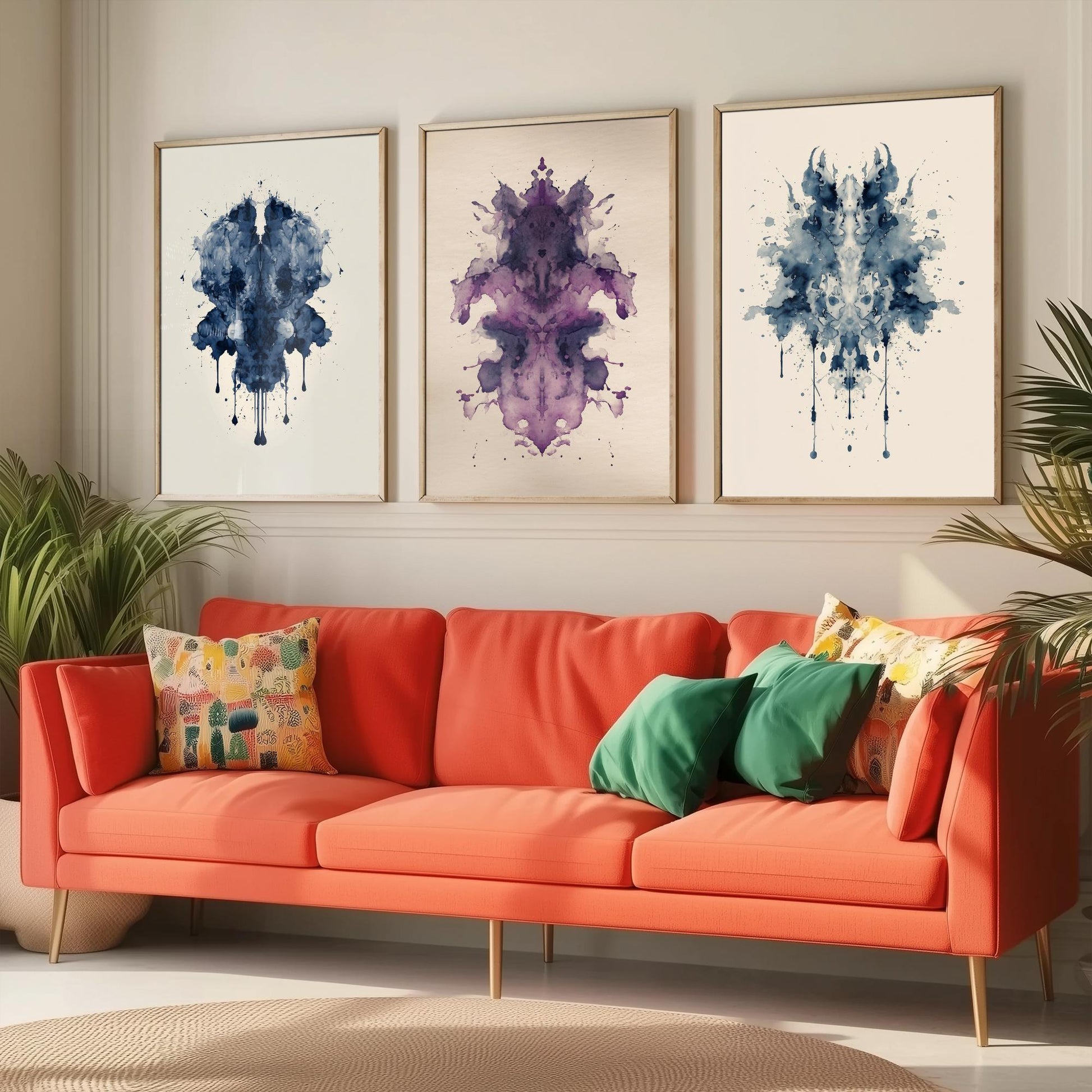 Rorschach Inkblot Set of Three Art Prints - Deep Blue Violet Navy - Moody Psychology Poster Illustration Therapist