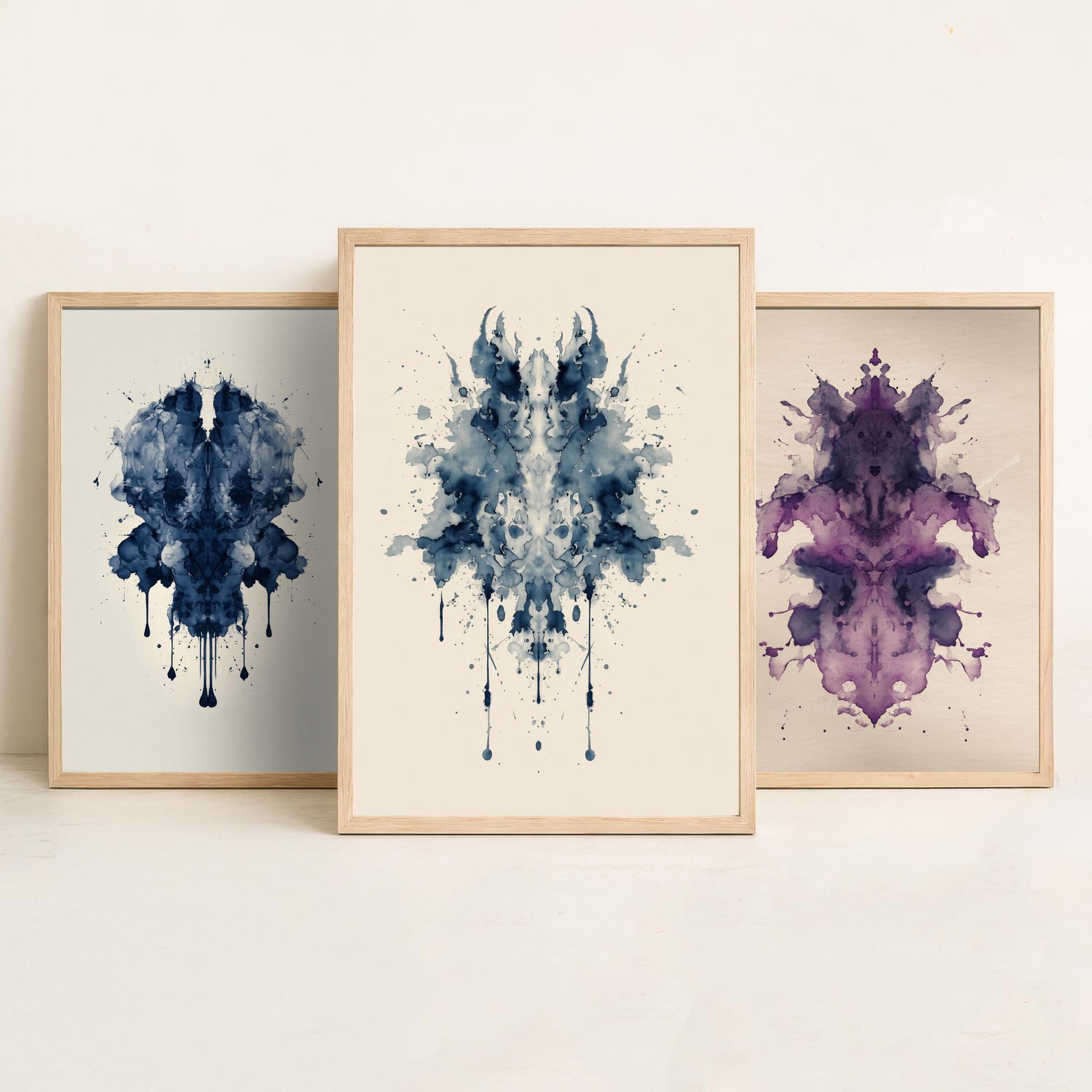 Rorschach Inkblot Set of Three Art Prints - Deep Blue Violet Navy - Moody Psychology Poster Illustration Therapist