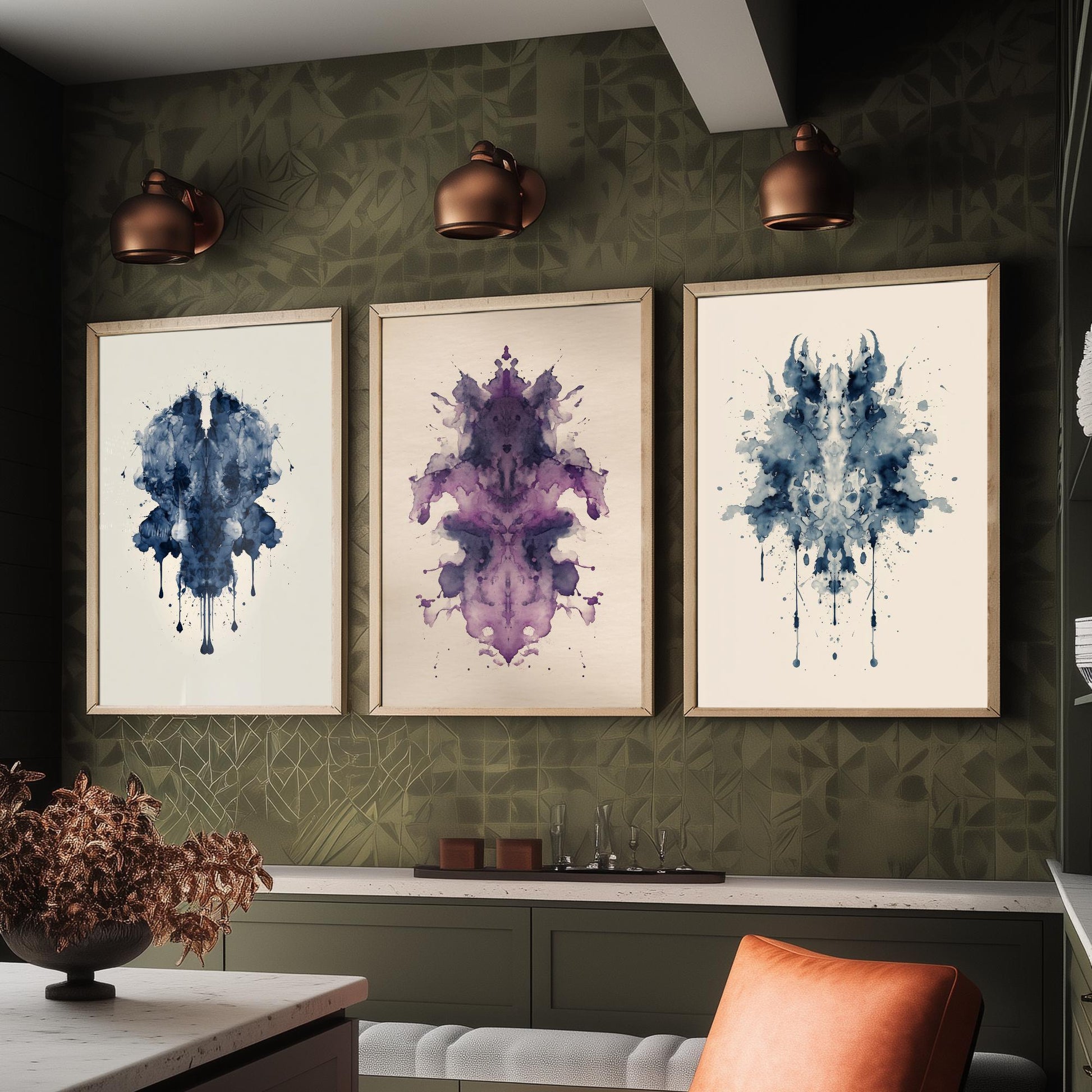 Rorschach Inkblot Set of Three Art Prints - Deep Blue Violet Navy - Moody Psychology Poster Illustration Therapist