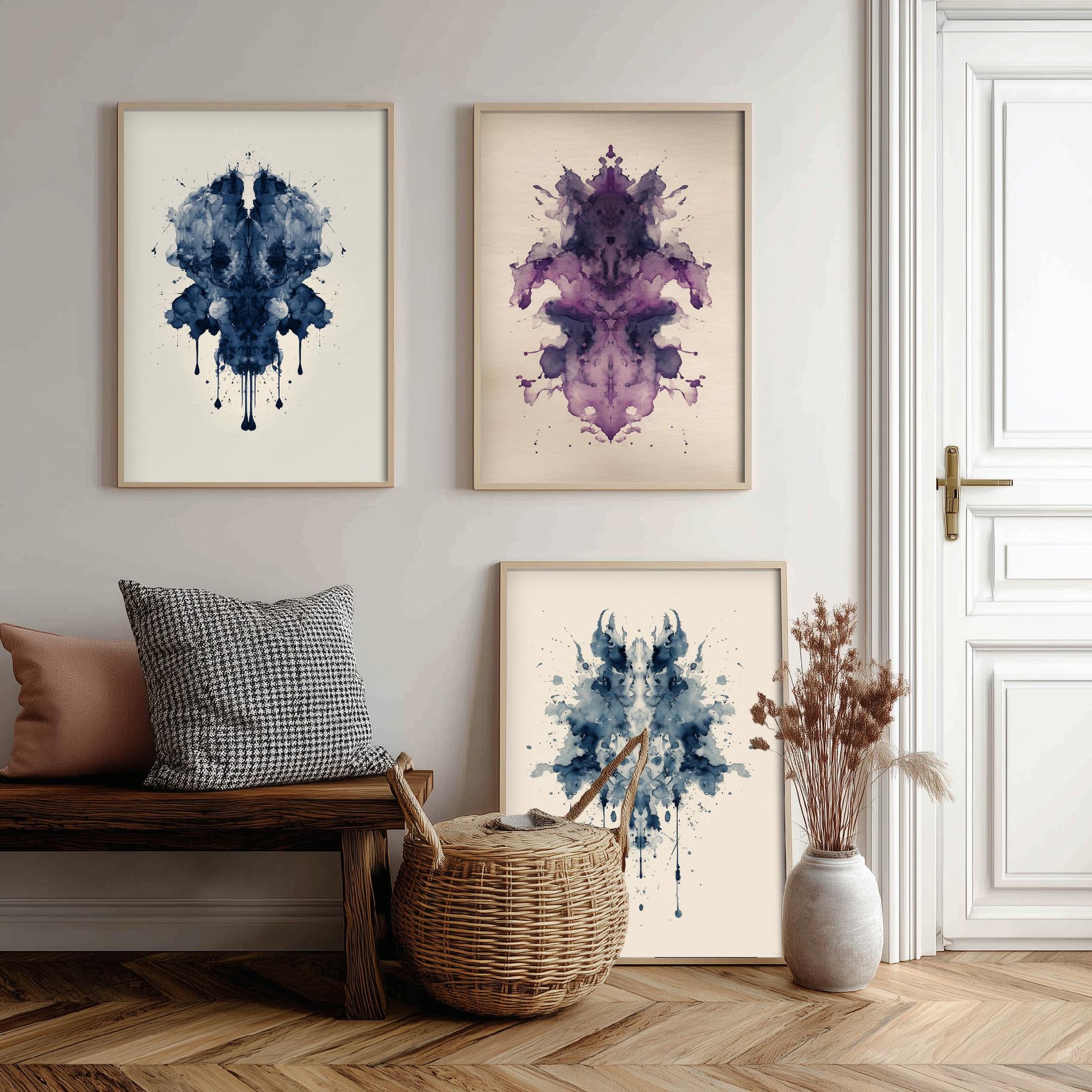 Rorschach Inkblot Set of Three Art Prints - Deep Blue Violet Navy - Moody Psychology Poster Illustration Therapist