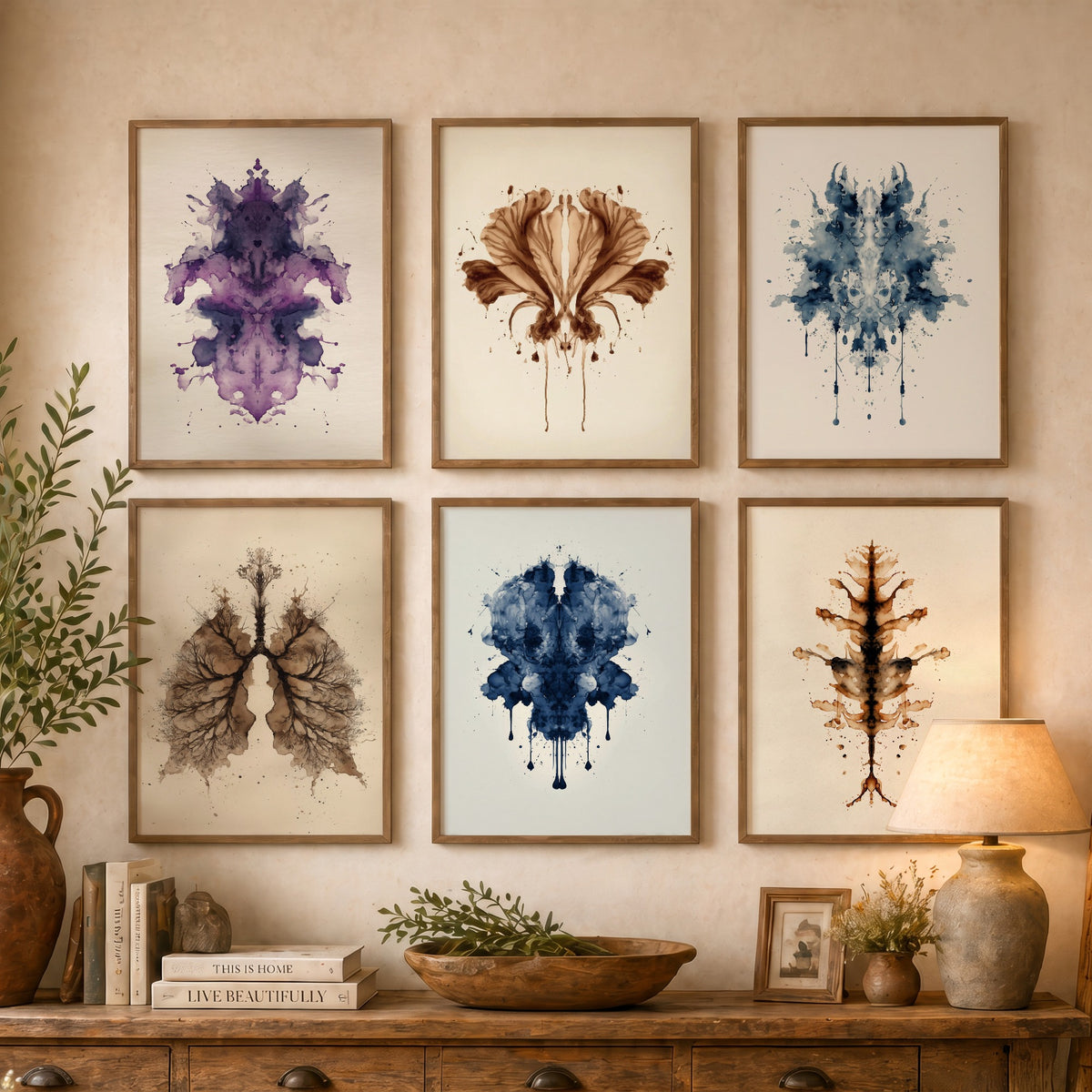 Set of Six Rorschach Inkblot Art Prints - 6 Botanical Ink Blot Posters - Flower, Lungs, Leaf in Deep Blue, Violet and Sepia Painting