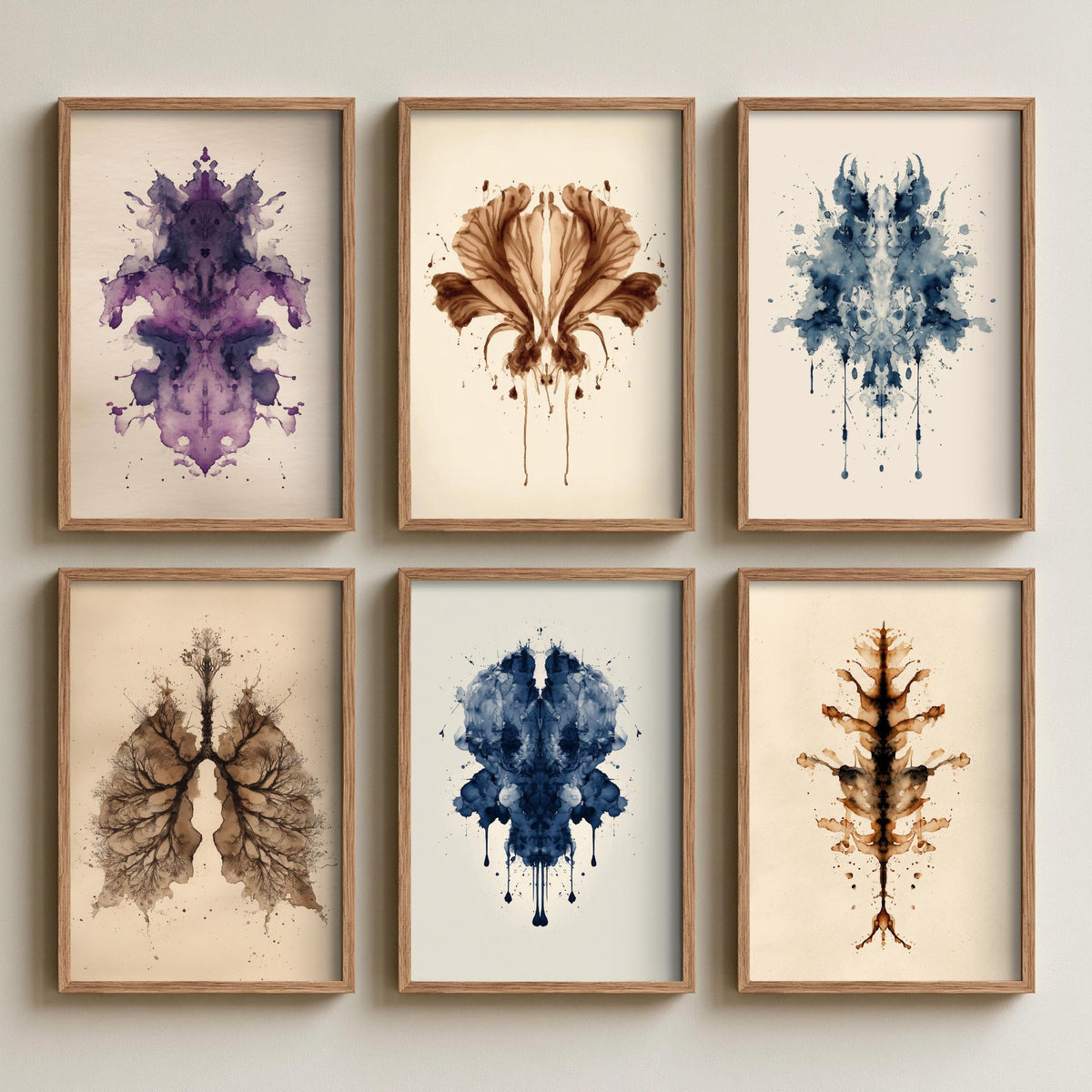 Set of Six Rorschach Inkblot Art Prints - 6 Botanical Ink Blot Posters - Flower, Lungs, Leaf in Deep Blue, Violet and Sepia Painting