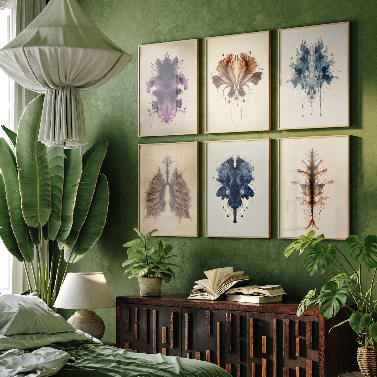 Set of Six Rorschach Inkblot Art Prints - 6 Botanical Ink Blot Posters - Flower, Lungs, Leaf in Deep Blue, Violet and Sepia Painting