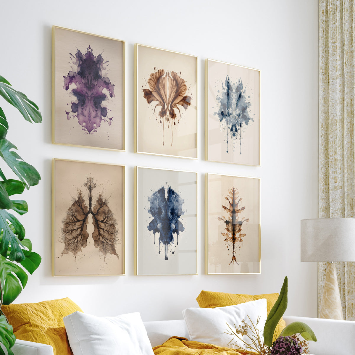 Set of Six Rorschach Inkblot Art Prints - 6 Botanical Ink Blot Posters - Flower, Lungs, Leaf in Deep Blue, Violet and Sepia Painting
