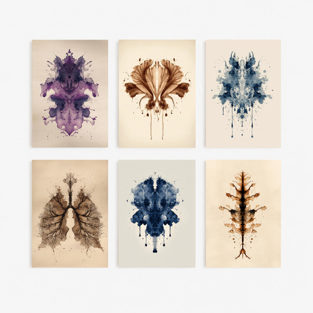 Set of Six Rorschach Inkblot Art Prints - 6 Botanical Ink Blot Posters - Flower, Lungs, Leaf in Deep Blue, Violet and Sepia Painting