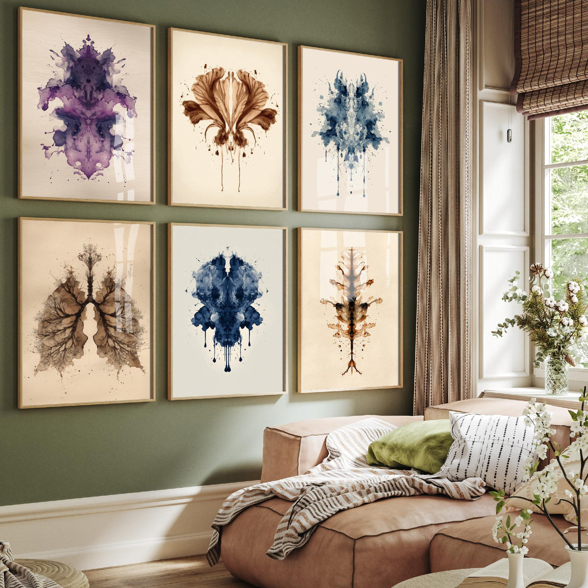 Set of Six Rorschach Inkblot Art Prints - 6 Botanical Ink Blot Posters - Flower, Lungs, Leaf in Deep Blue, Violet and Sepia Painting