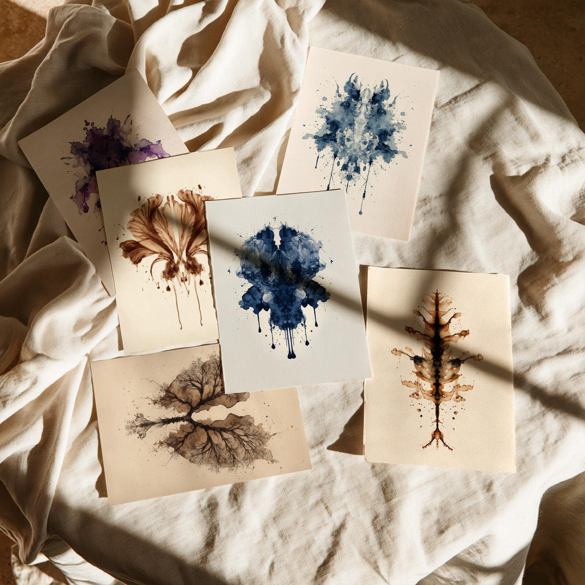 Set of Six Rorschach Inkblot Art Prints - 6 Botanical Ink Blot Posters - Flower, Lungs, Leaf in Deep Blue, Violet and Sepia Painting