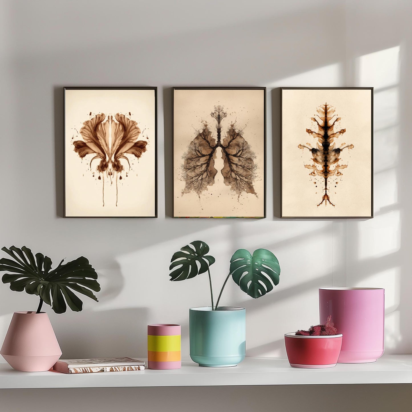 Rorschach Inkblot Set of Three Art Prints - Flower Lungs Spine - Anatomy Psychology Poster Illustration Therapist