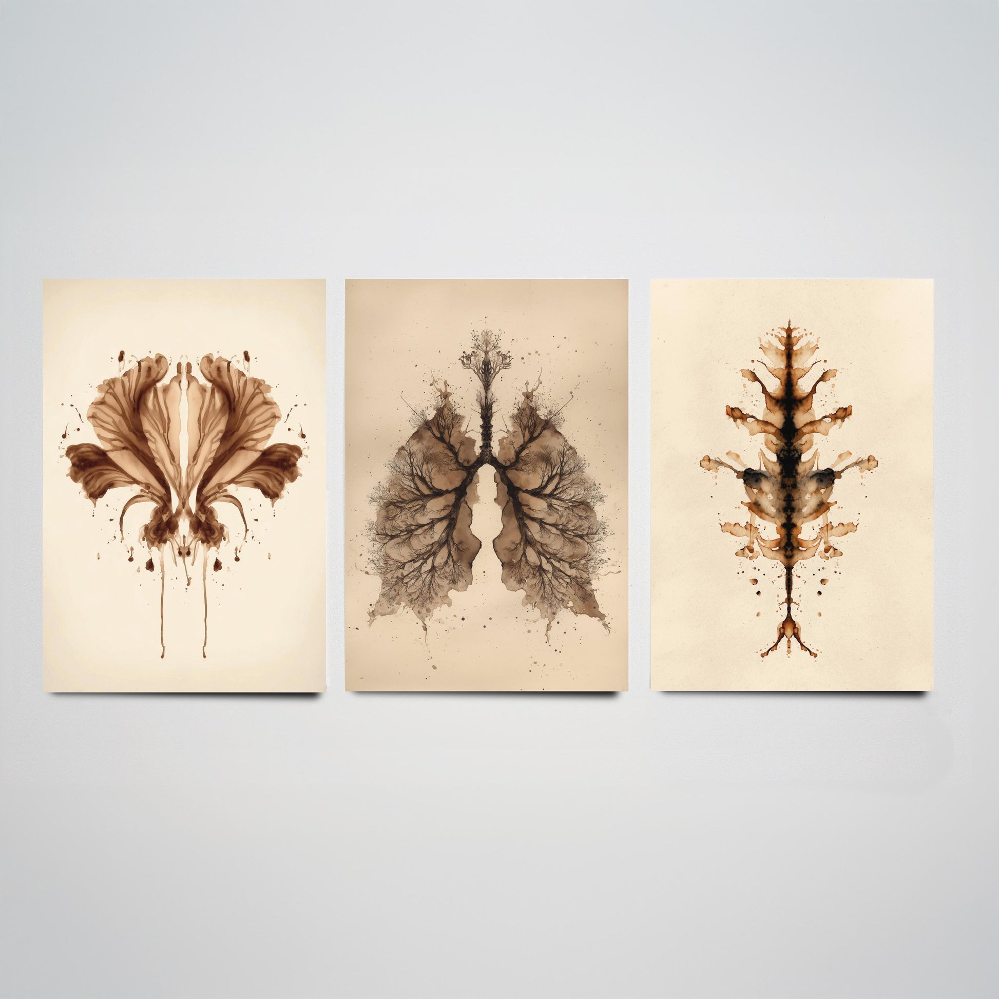 Rorschach Inkblot Set of Three Art Prints - Flower Lungs Spine - Anatomy Psychology Poster Illustration Therapist