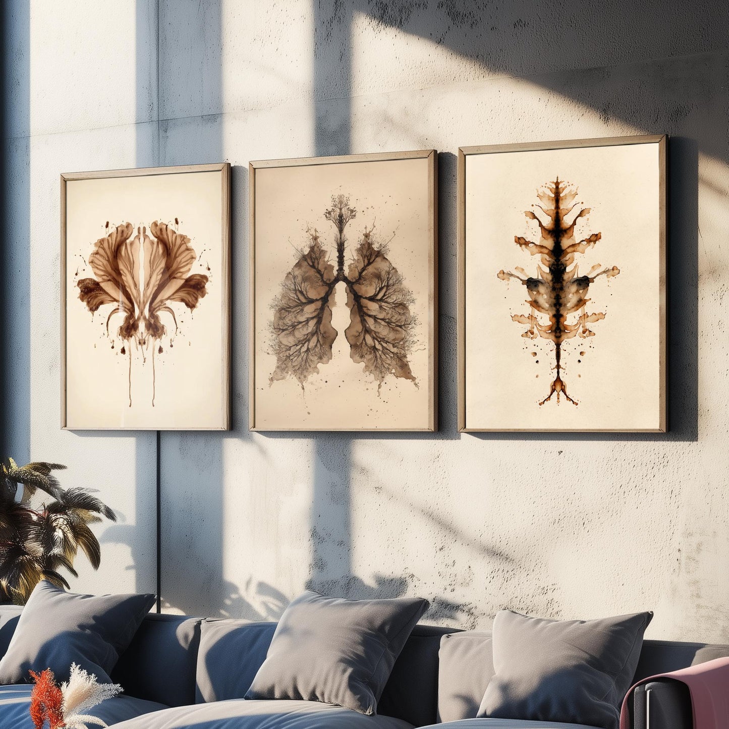 Rorschach Inkblot Set of Three Art Prints - Flower Lungs Spine - Anatomy Psychology Poster Illustration Therapist