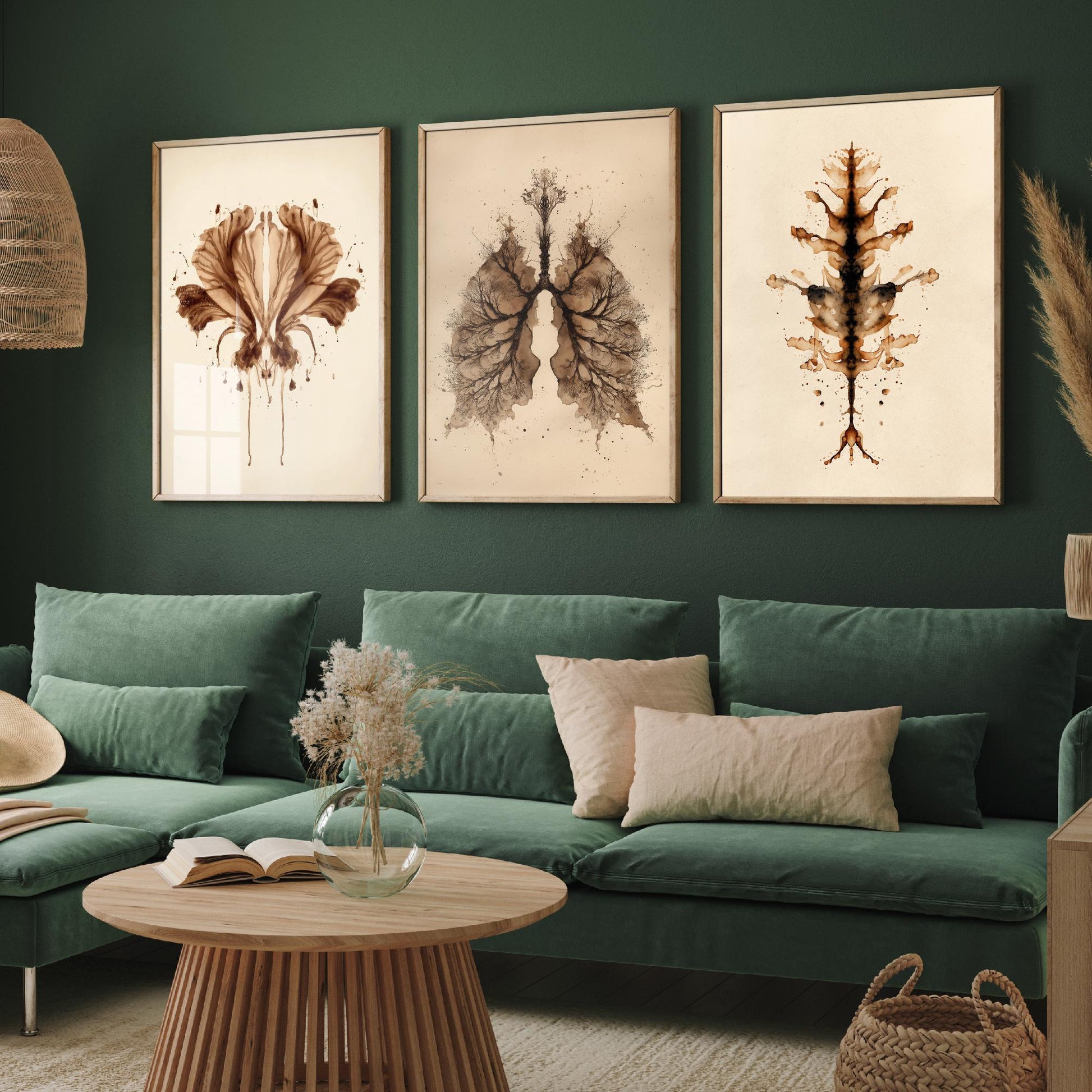 Rorschach Inkblot Set of Three Art Prints - Flower Lungs Spine - Anatomy Psychology Poster Illustration Therapist