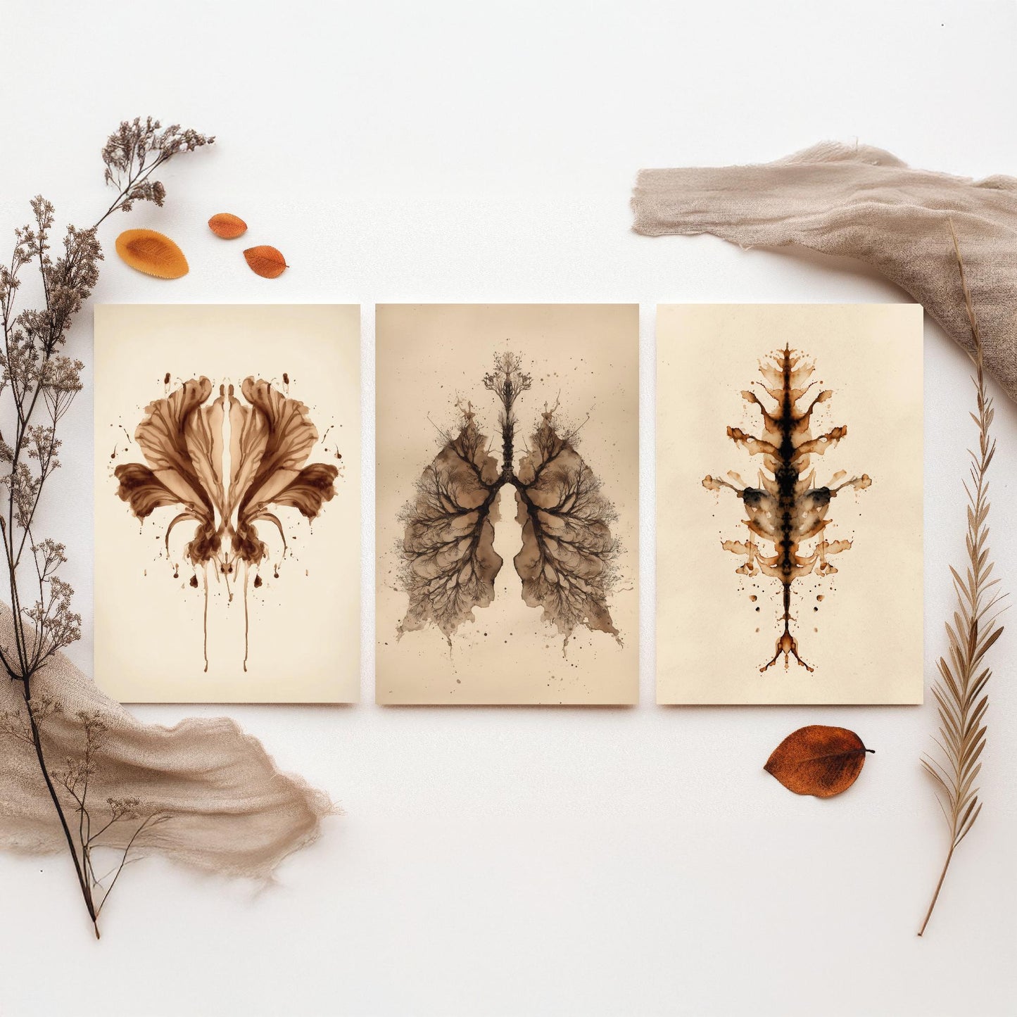 Rorschach Inkblot Set of Three Art Prints - Flower Lungs Spine - Anatomy Psychology Poster Illustration Therapist