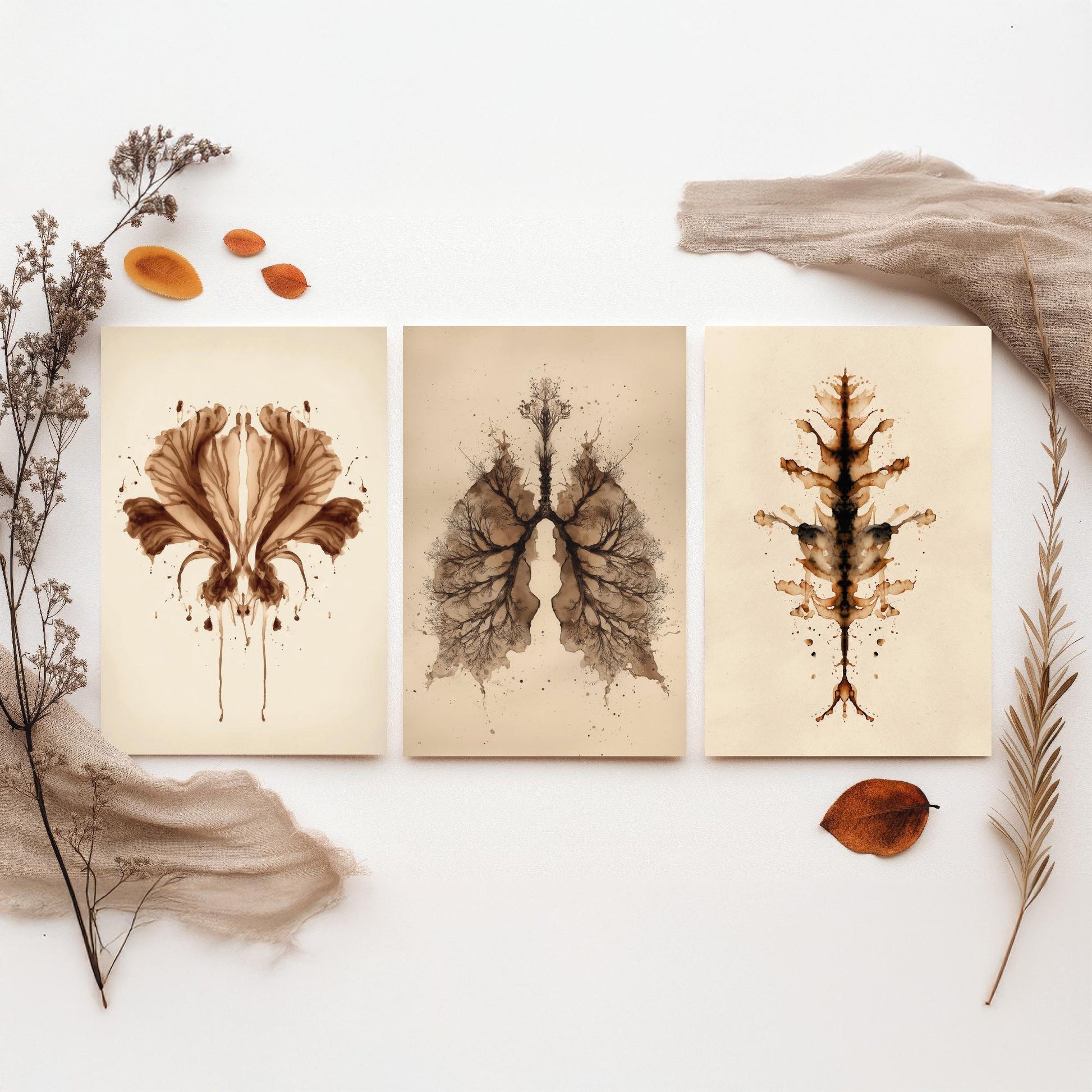 Rorschach Inkblot Set of Three Art Prints - Flower Lungs Spine - Anatomy Psychology Poster Illustration Therapist