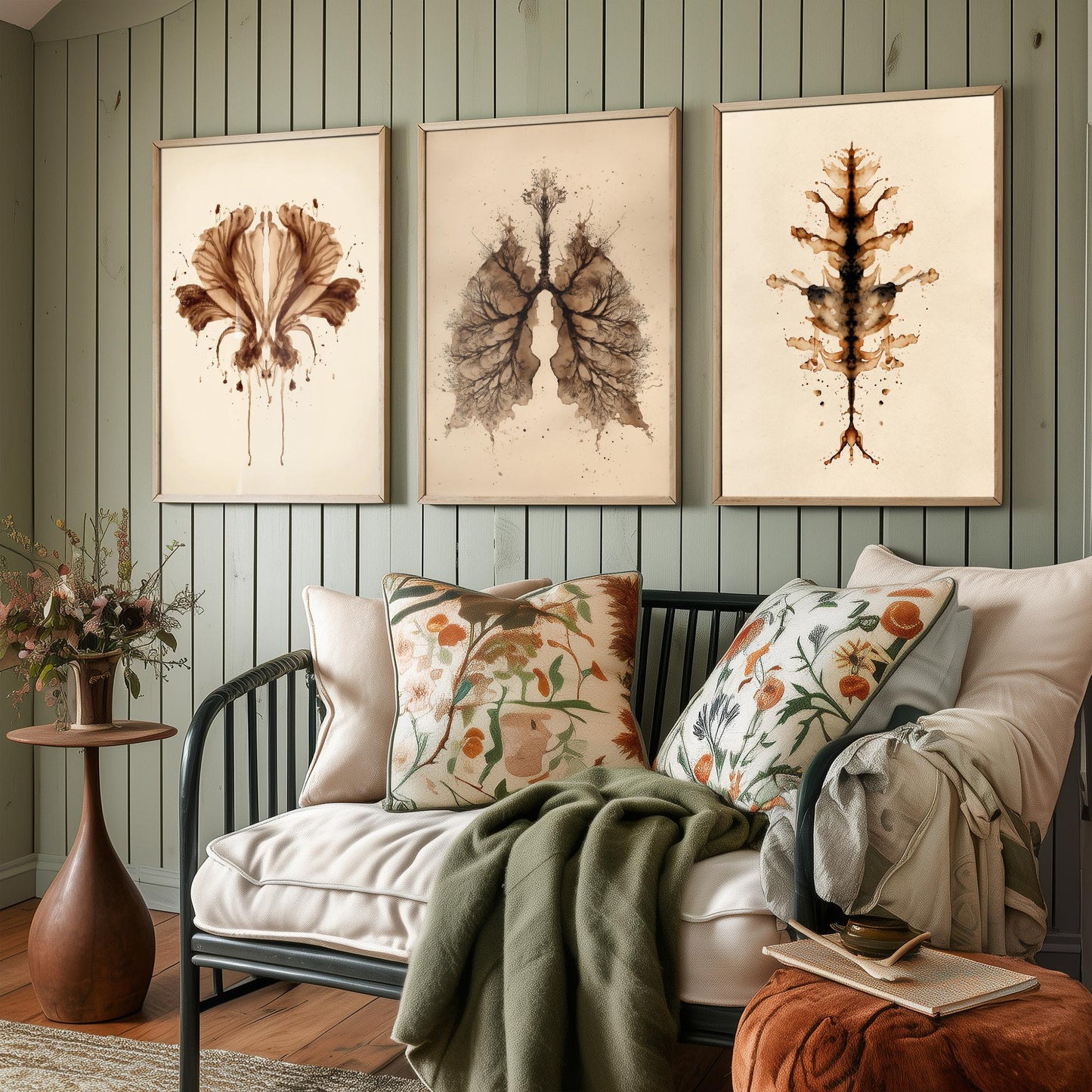 Rorschach Inkblot Set of Three Art Prints - Flower Lungs Spine - Anatomy Psychology Poster Illustration Therapist