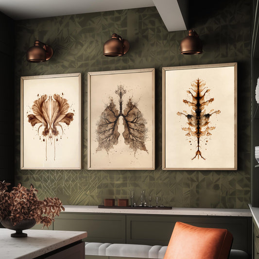 Rorschach Inkblot Set of Three Art Prints - Flower Lungs Spine - Anatomy Psychology Poster Illustration Therapist