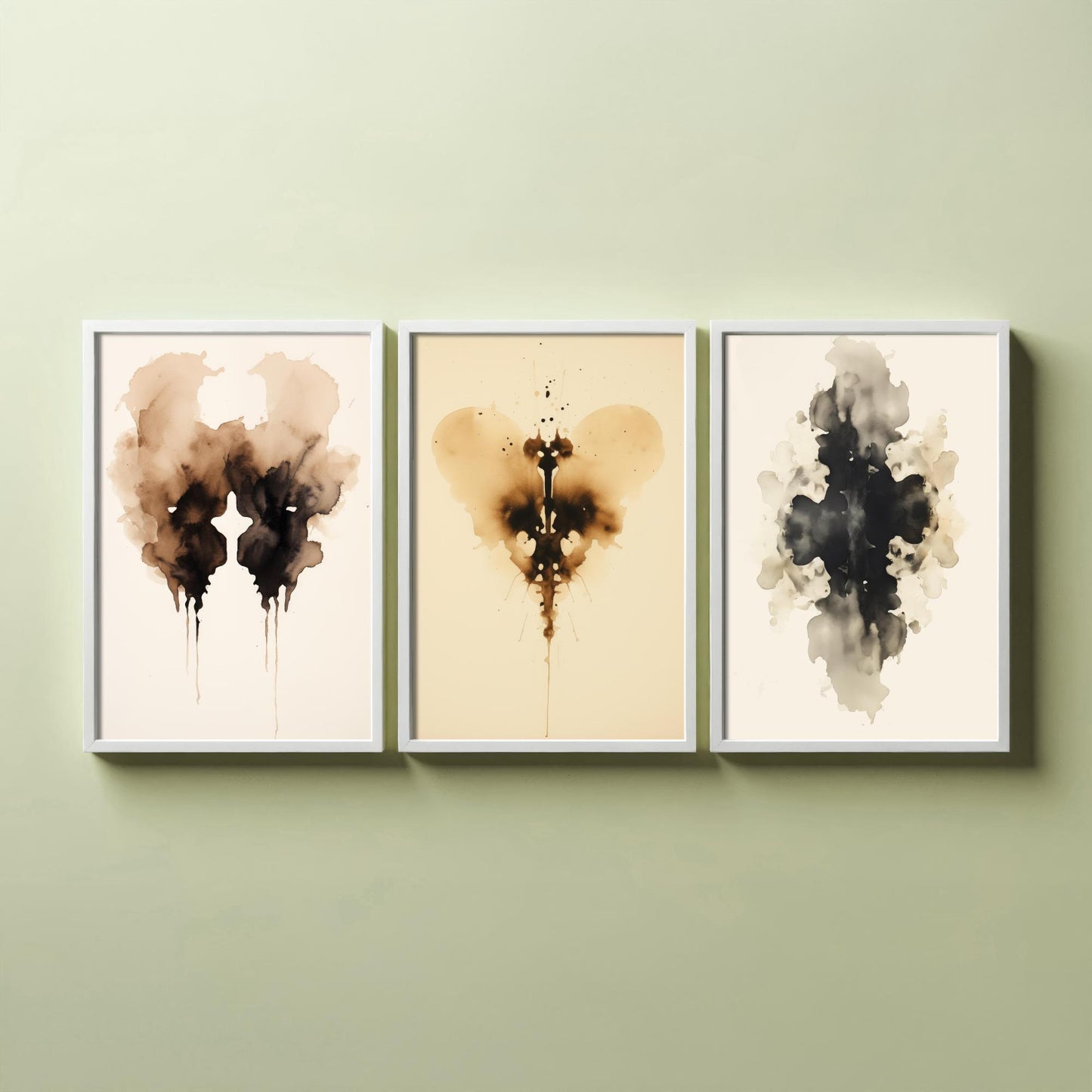 Rorschach Inkblot Set of Three Art Prints - 3 Sepia Grunge Ink Blot Posters - Watercolour Psychology Therapist Gift Wall Decor
