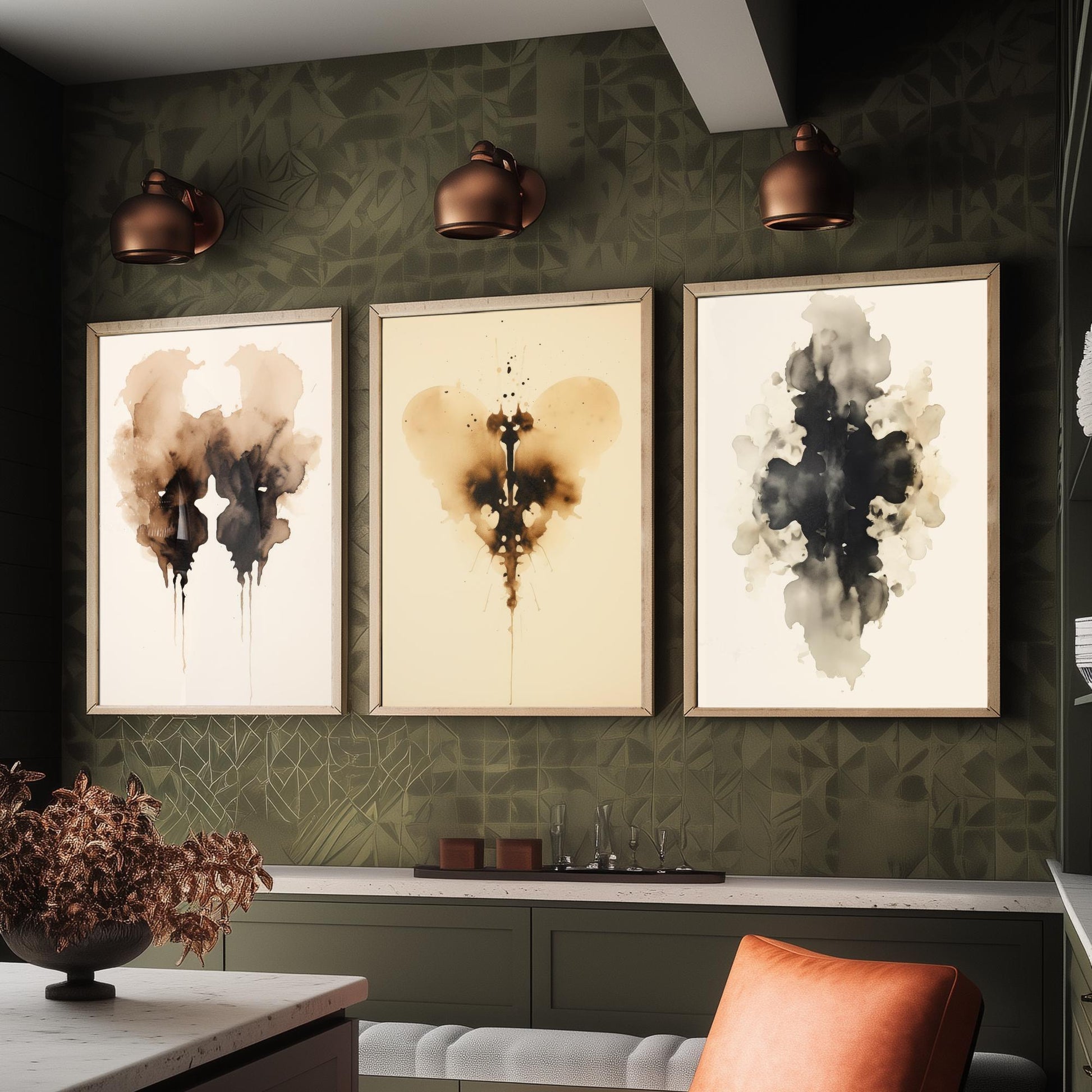 Rorschach Inkblot Set of Three Art Prints - 3 Sepia Grunge Ink Blot Posters - Watercolour Psychology Therapist Gift Wall Decor