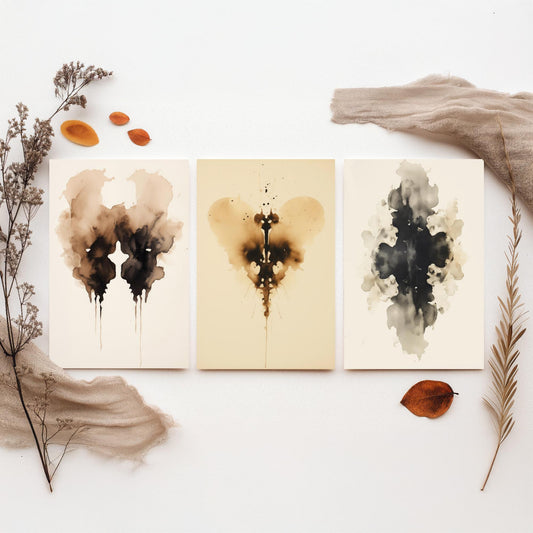 Rorschach Inkblot Set of Three Art Prints - 3 Sepia Grunge Ink Blot Posters - Watercolour Psychology Therapist Gift Wall Decor