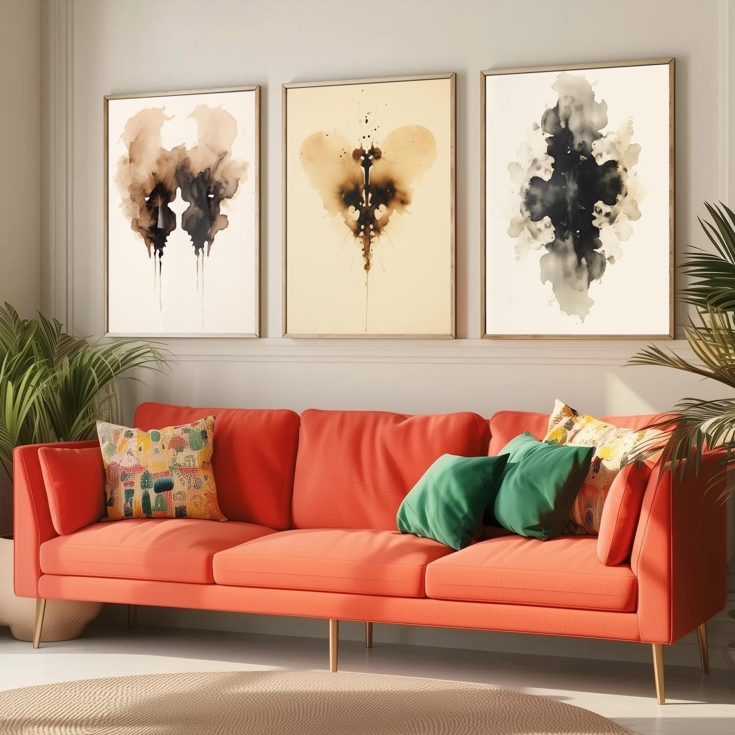 Rorschach Inkblot Set of Three Art Prints - 3 Sepia Grunge Ink Blot Posters - Watercolour Psychology Therapist Gift Wall Decor