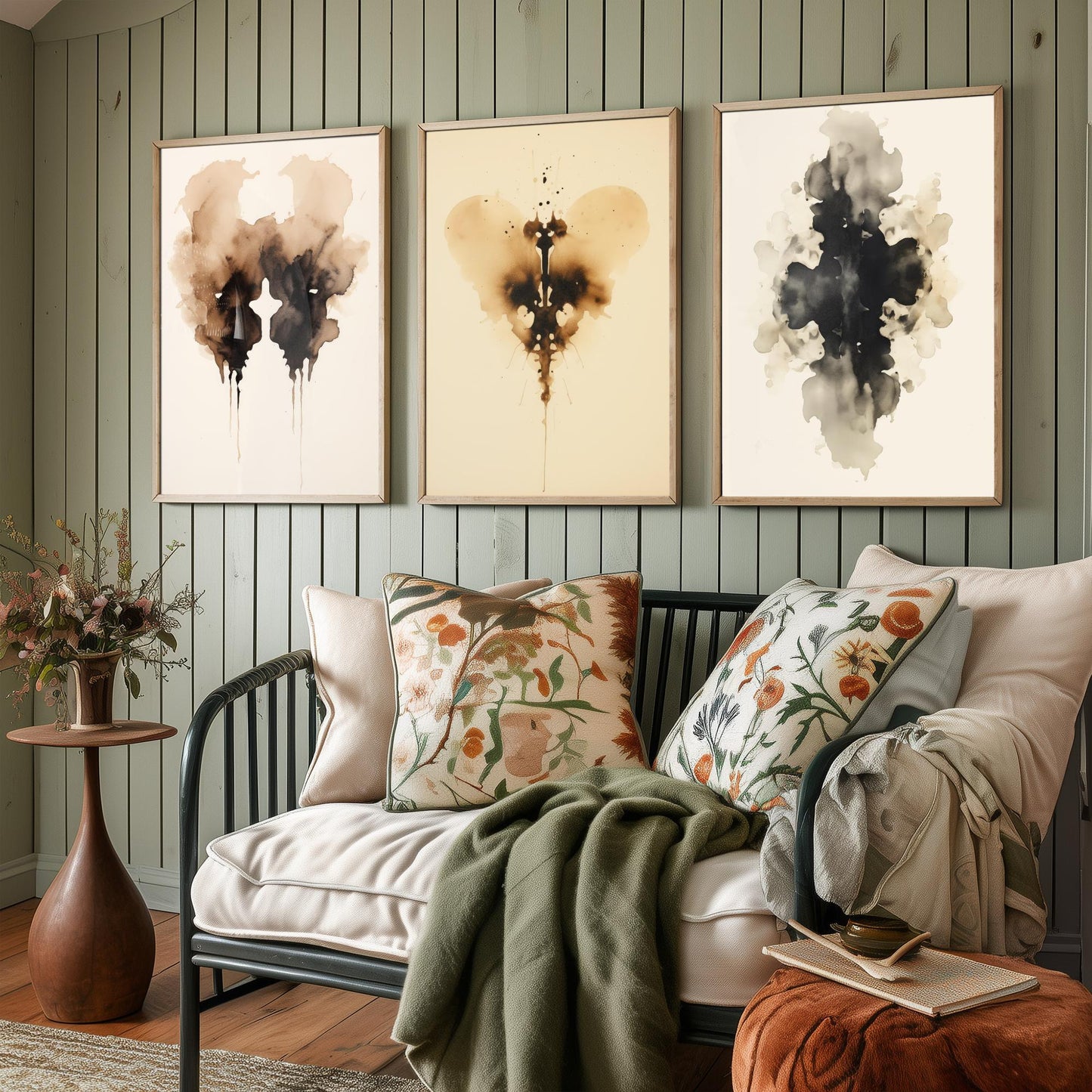 Rorschach Inkblot Set of Three Art Prints - 3 Sepia Grunge Ink Blot Posters - Watercolour Psychology Therapist Gift Wall Decor