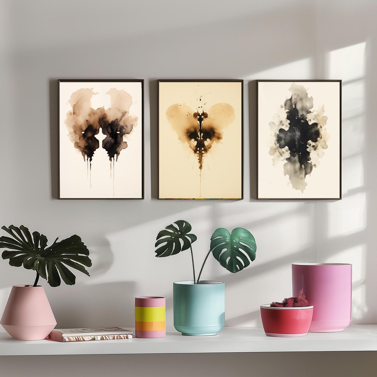 Rorschach Inkblot Set of Three Art Prints - 3 Sepia Grunge Ink Blot Posters - Watercolour Psychology Therapist Gift Wall Decor