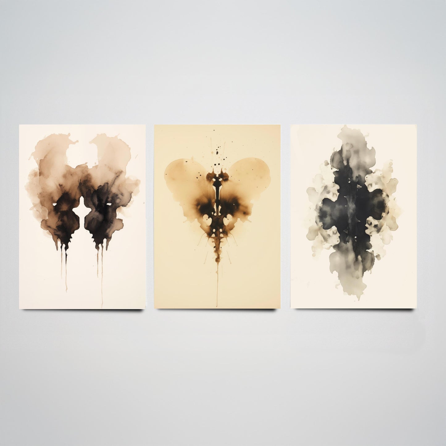 Rorschach Inkblot Set of Three Art Prints - 3 Sepia Grunge Ink Blot Posters - Watercolour Psychology Therapist Gift Wall Decor