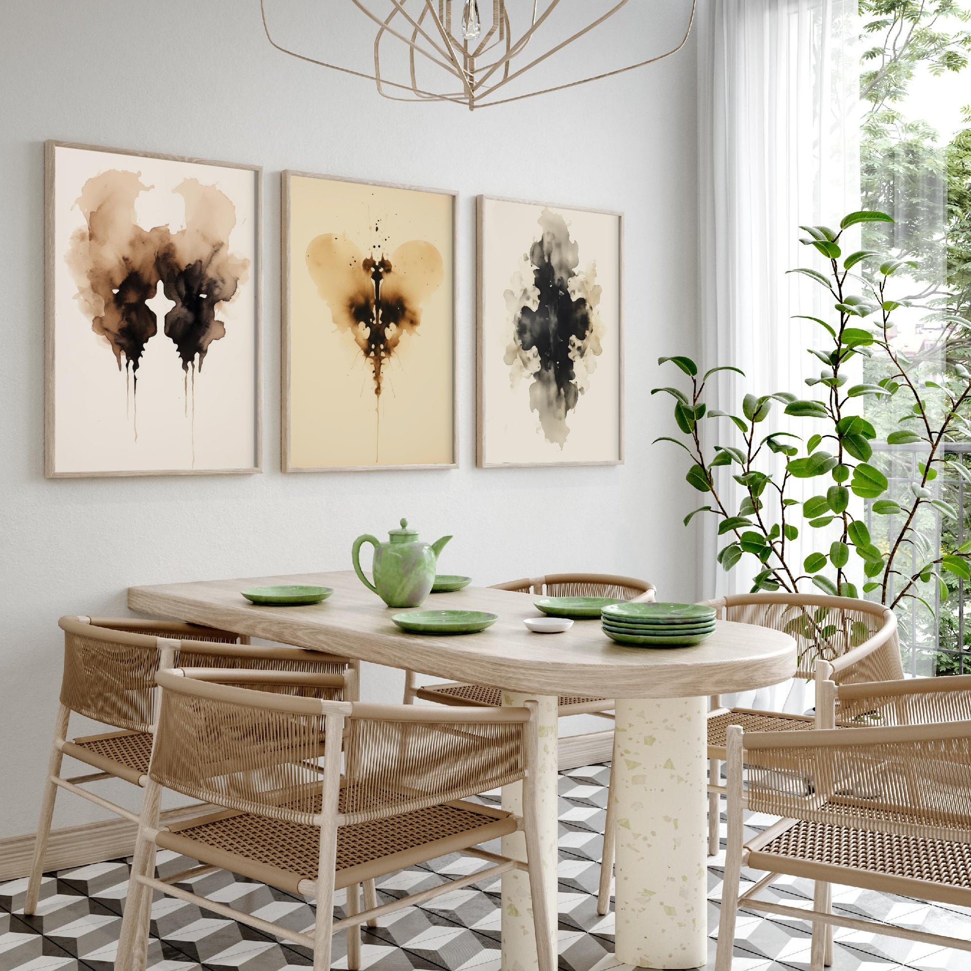 Rorschach Inkblot Set of Three Art Prints - 3 Sepia Grunge Ink Blot Posters - Watercolour Psychology Therapist Gift Wall Decor