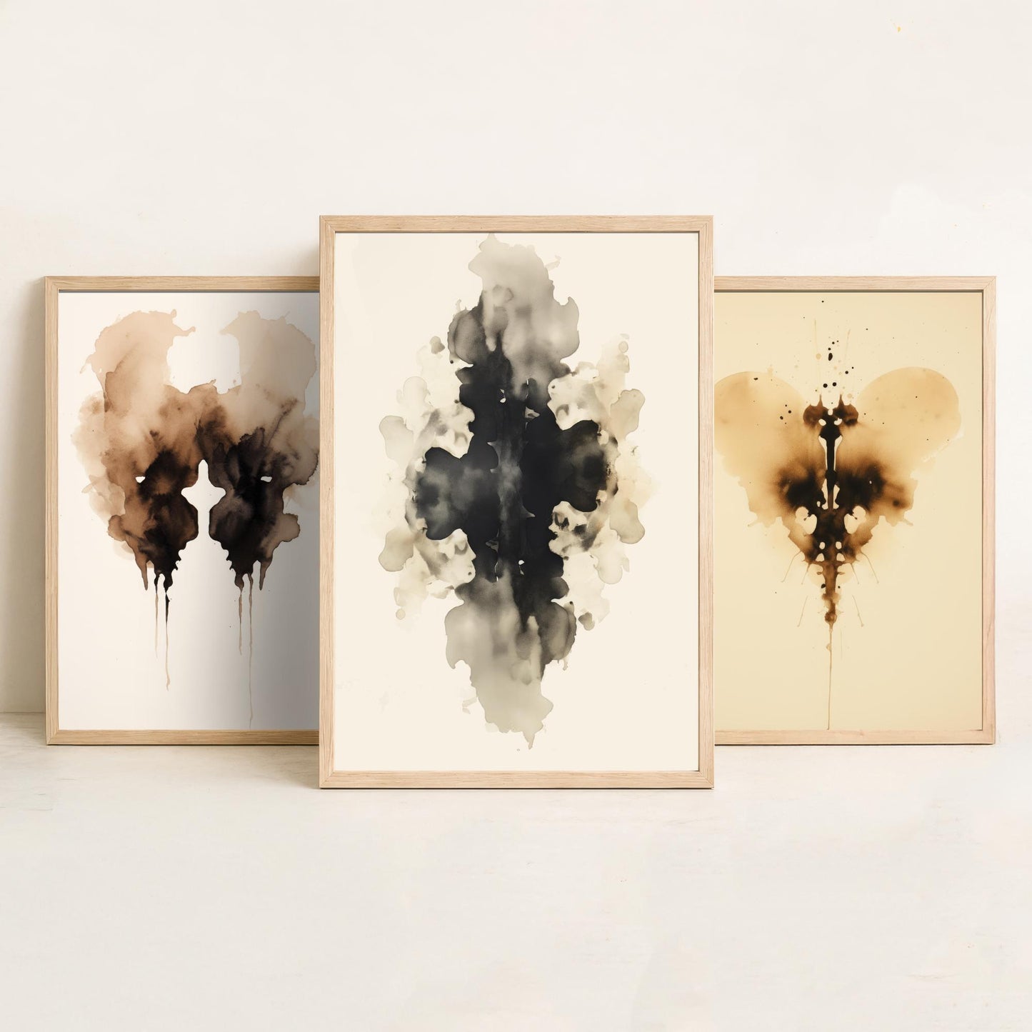 Rorschach Inkblot Set of Three Art Prints - 3 Sepia Grunge Ink Blot Posters - Watercolour Psychology Therapist Gift Wall Decor