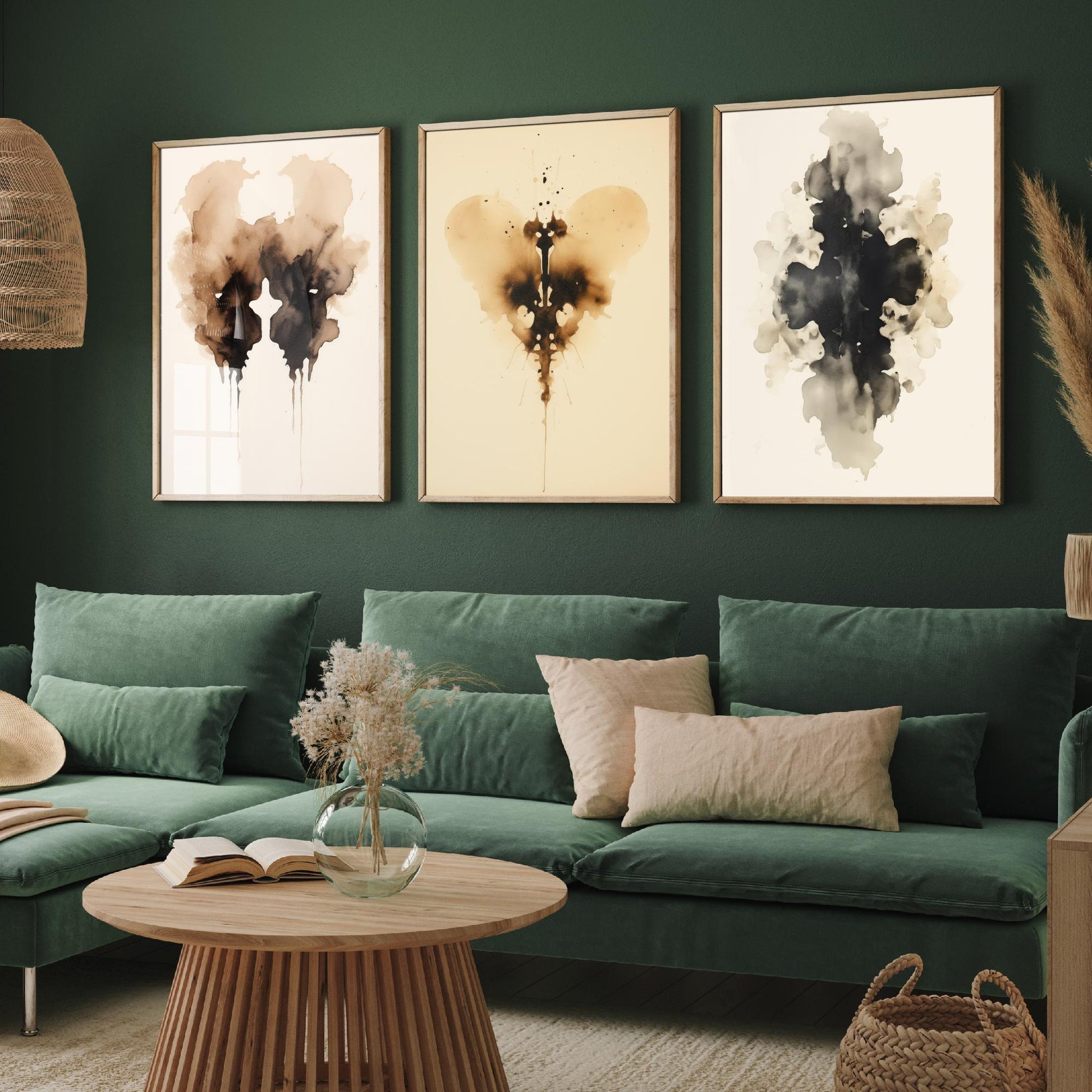 Rorschach Inkblot Set of Three Art Prints - 3 Sepia Grunge Ink Blot Posters - Watercolour Psychology Therapist Gift Wall Decor