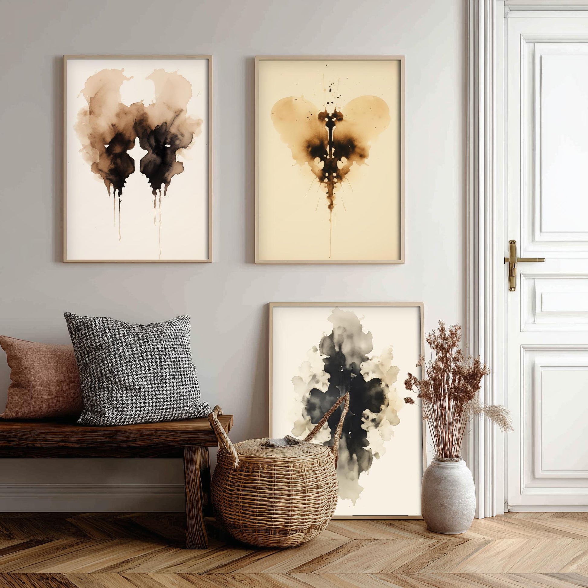 Rorschach Inkblot Set of Three Art Prints - 3 Sepia Grunge Ink Blot Posters - Watercolour Psychology Therapist Gift Wall Decor
