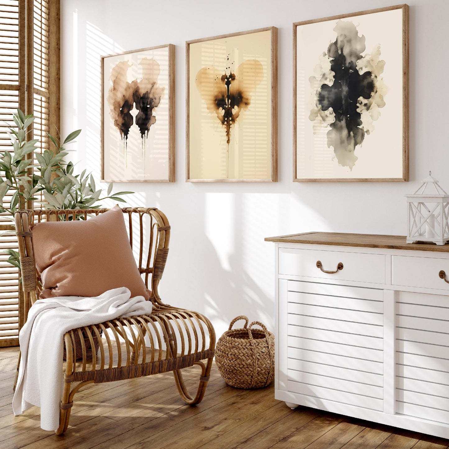 Rorschach Inkblot Set of Three Art Prints - 3 Sepia Grunge Ink Blot Posters - Watercolour Psychology Therapist Gift Wall Decor