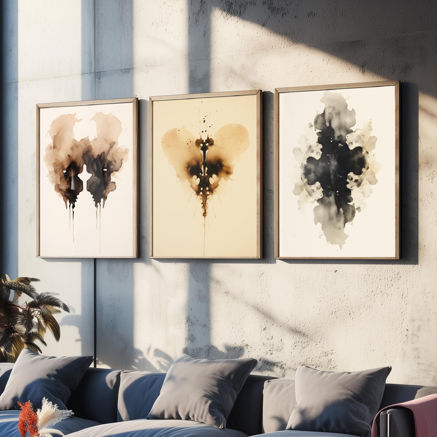Rorschach Inkblot Set of Three Art Prints - 3 Sepia Grunge Ink Blot Posters - Watercolour Psychology Therapist Gift Wall Decor