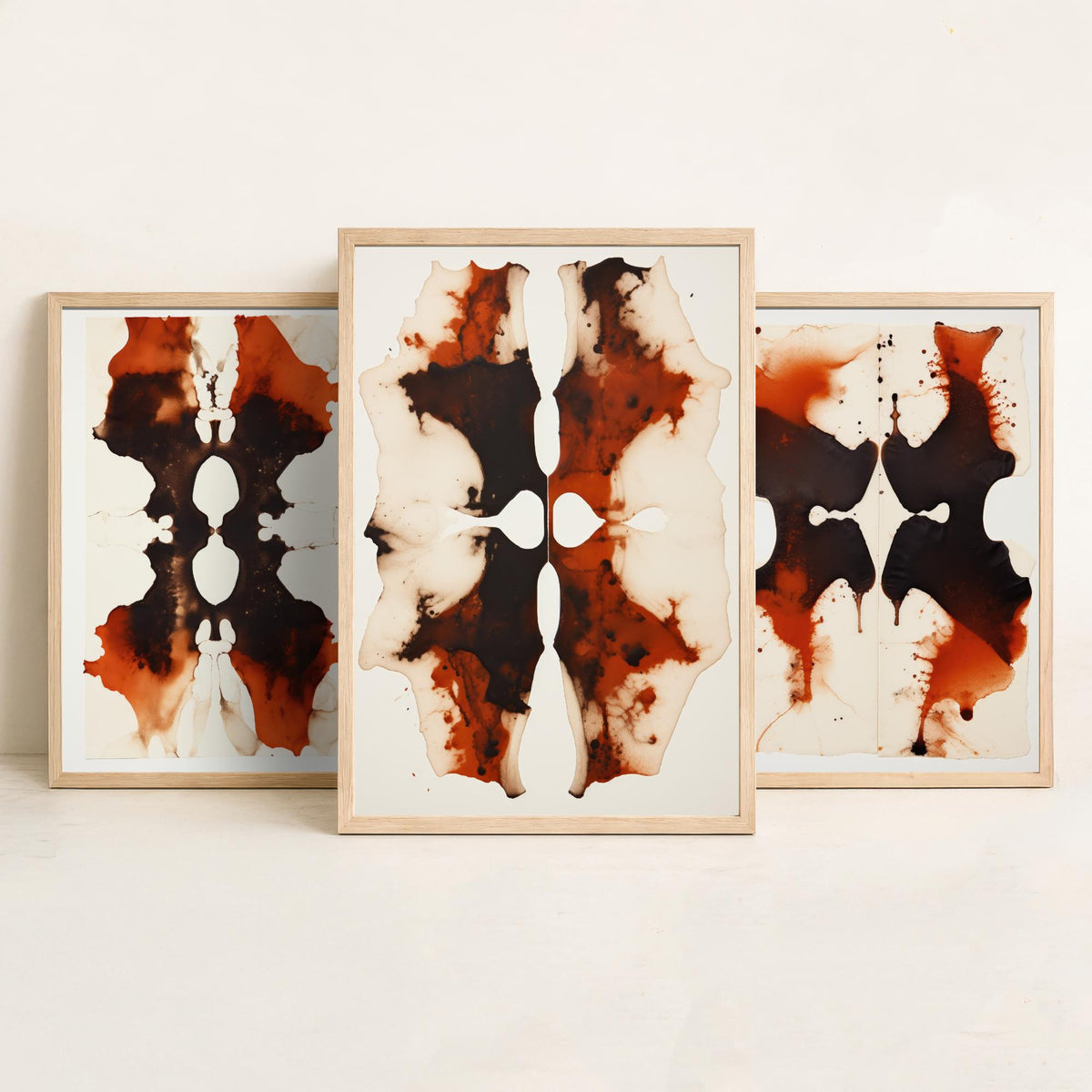 Rorschach Inkblots Maroon Set of Three Art Prints - Rust and Black Symmetrical Ink - Abstract Psychology Poster Illustration