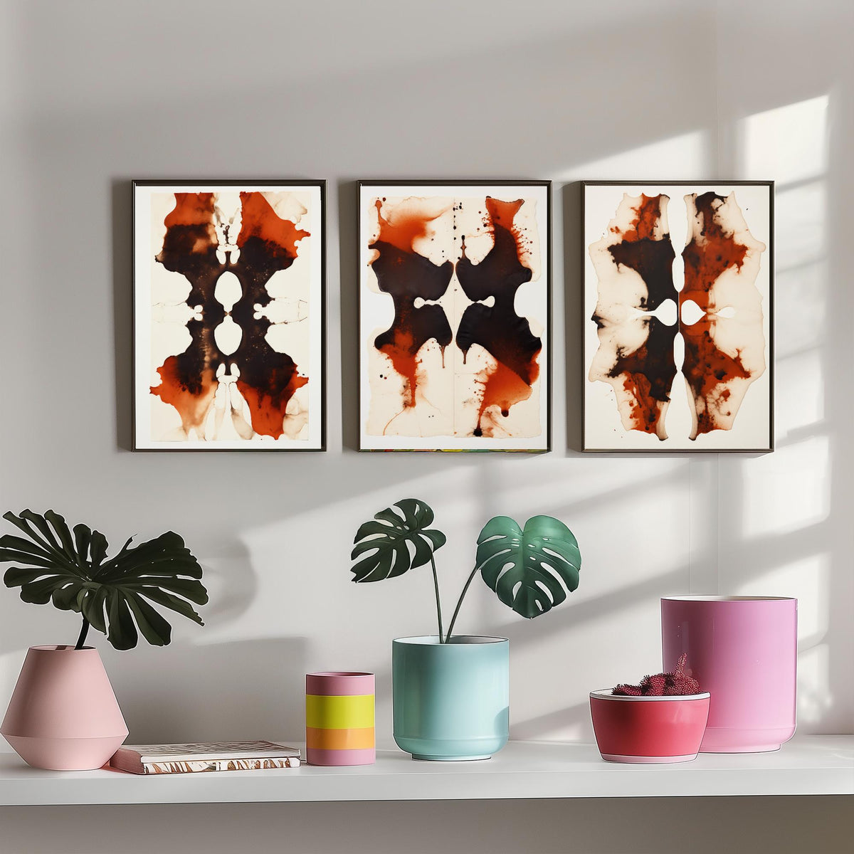 Rorschach Inkblots Maroon Set of Three Art Prints - Rust and Black Symmetrical Ink - Abstract Psychology Poster Illustration