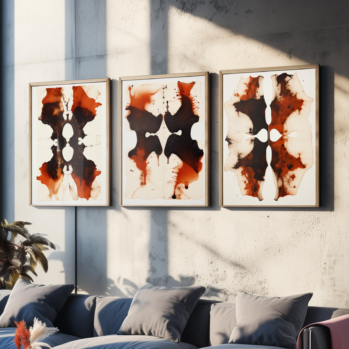 Rorschach Inkblots Maroon Set of Three Art Prints - Rust and Black Symmetrical Ink - Abstract Psychology Poster Illustration