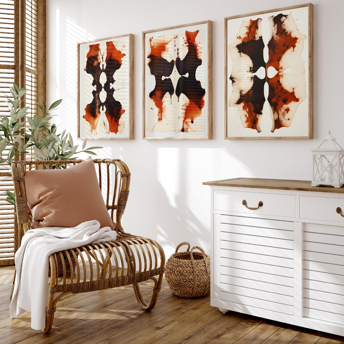 Rorschach Inkblots Maroon Set of Three Art Prints - Rust and Black Symmetrical Ink - Abstract Psychology Poster Illustration