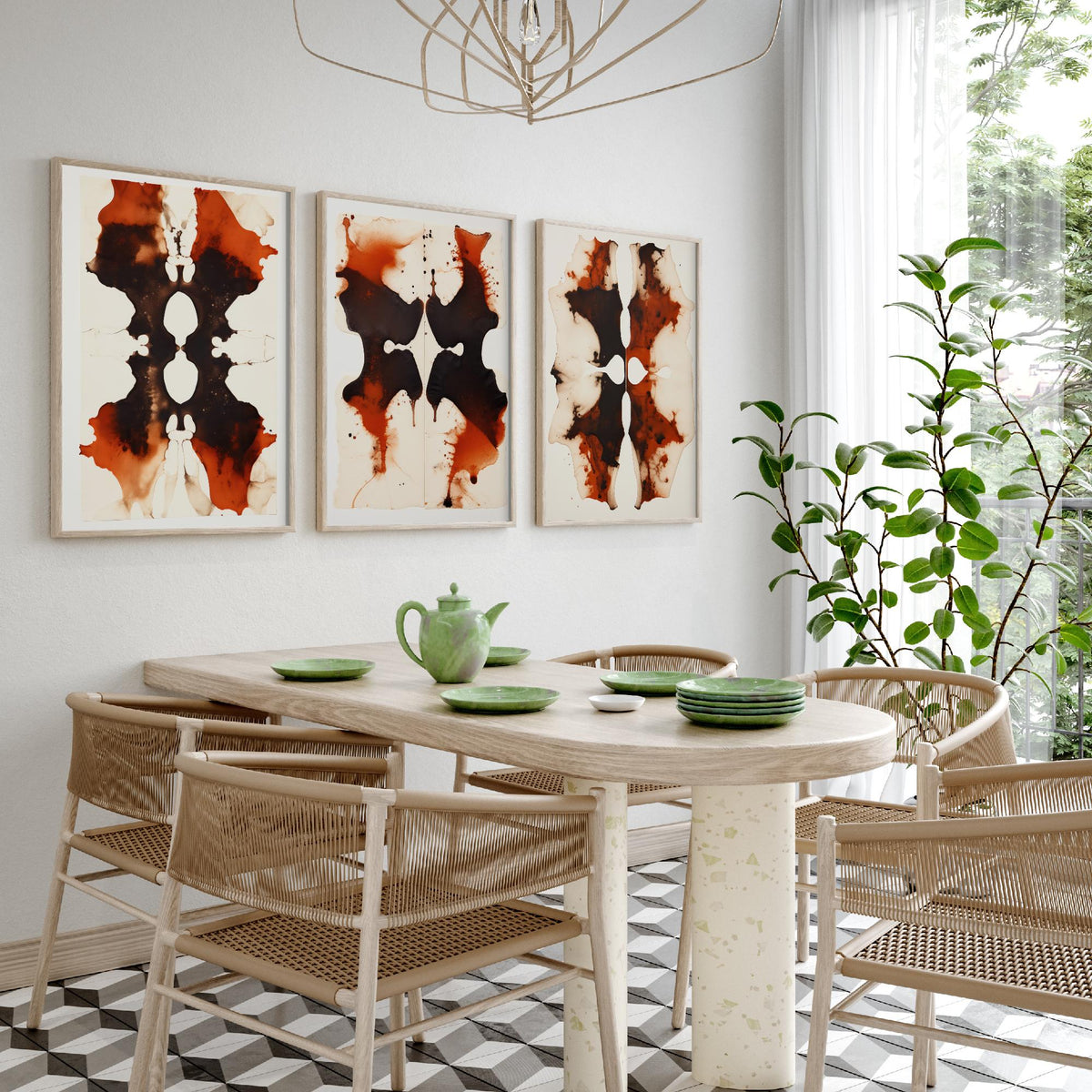 Rorschach Inkblots Maroon Set of Three Art Prints - Rust and Black Symmetrical Ink - Abstract Psychology Poster Illustration