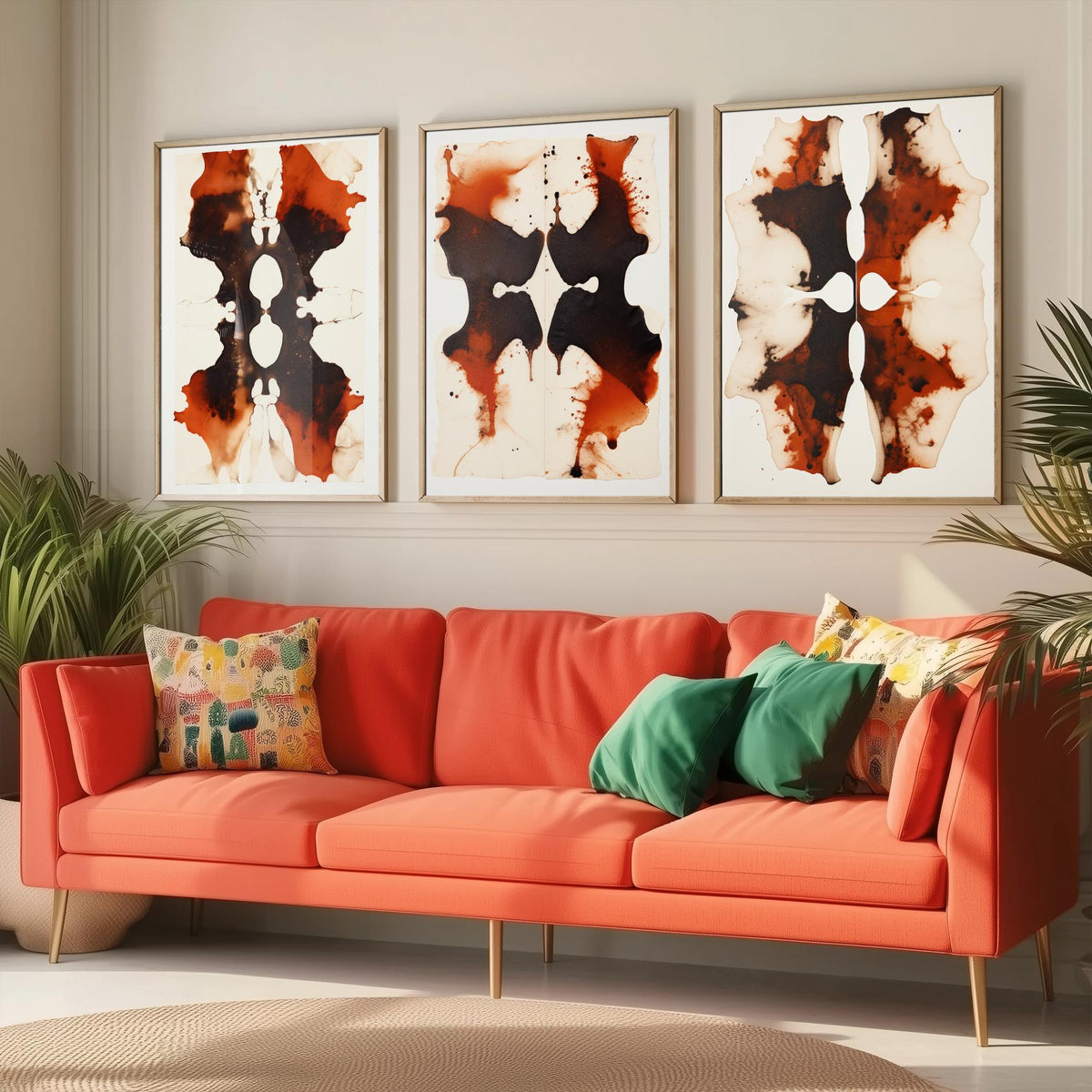 Rorschach Inkblots Maroon Set of Three Art Prints - Rust and Black Symmetrical Ink - Abstract Psychology Poster Illustration